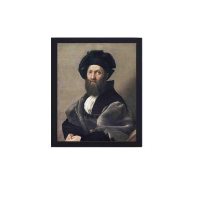 Our vintage art print of Raphael's "Portrait of Baldassarre Castiglione",displayed on a wall with black frame