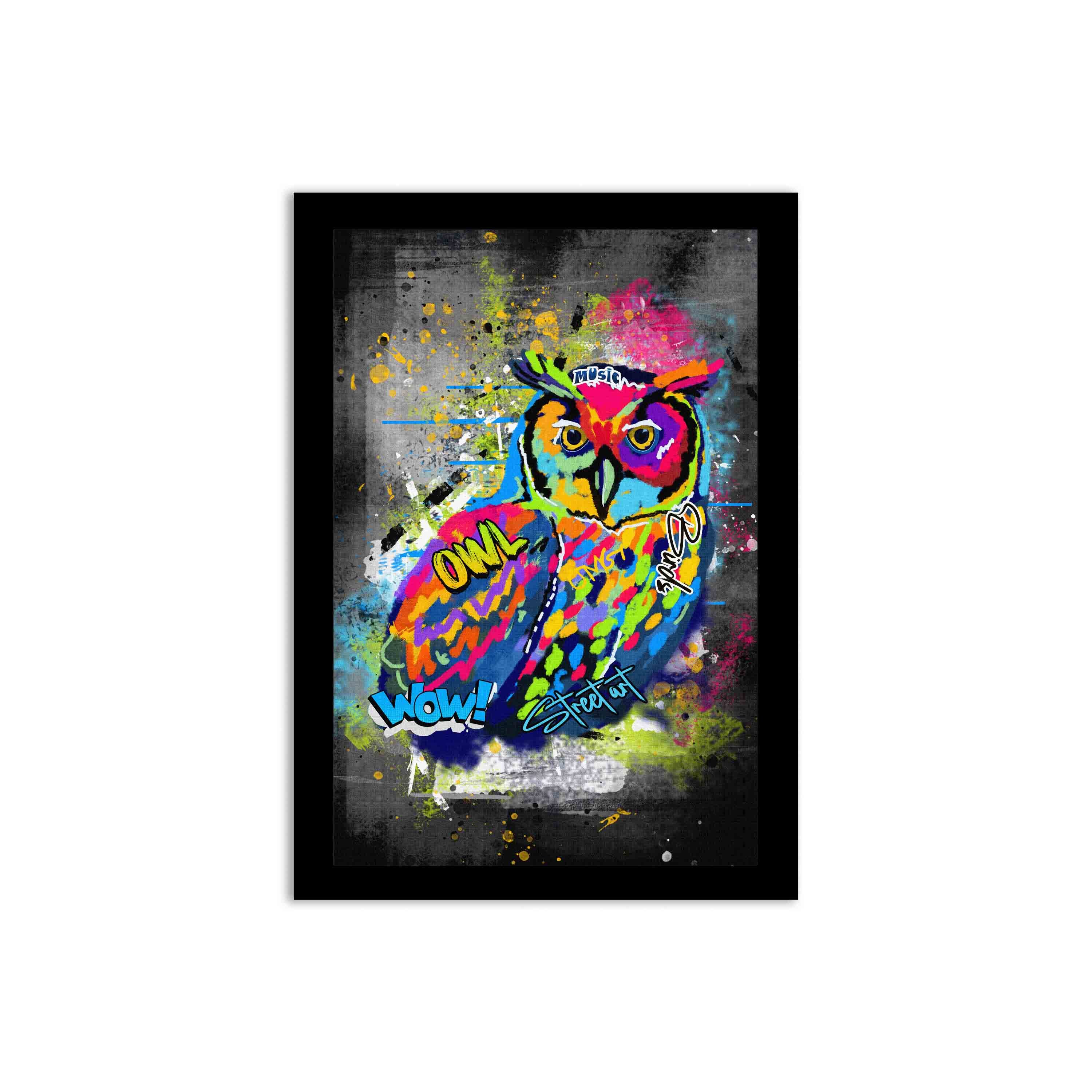 Graffiti-style wall art featuring a colorful owl with bright shades of blue, yellow, red, pink, and green on a dark, edgy background.