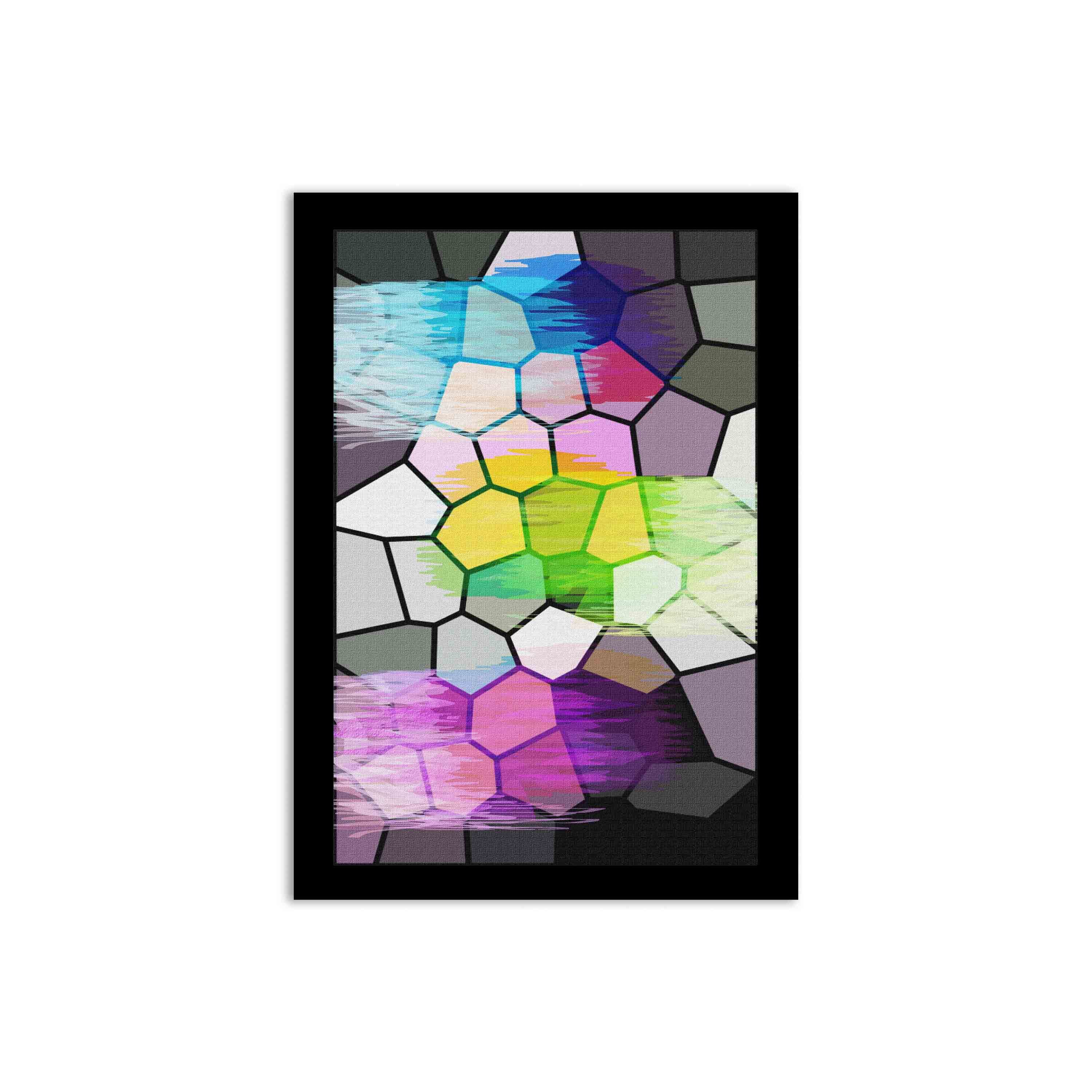 Abstract wall art with a stained glass-style mosaic design in shades of blue, purple, green, pink, yellow, and gray, framed in black.