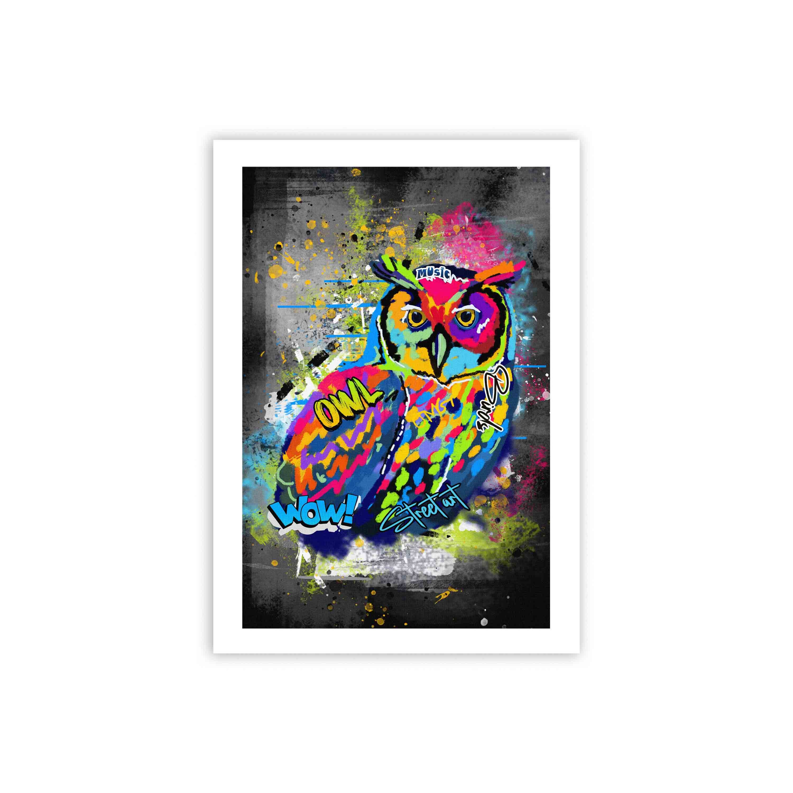Graffiti-style wall art featuring a colorful owl with bright shades of blue, yellow, red, pink, and green on a dark, edgy background.