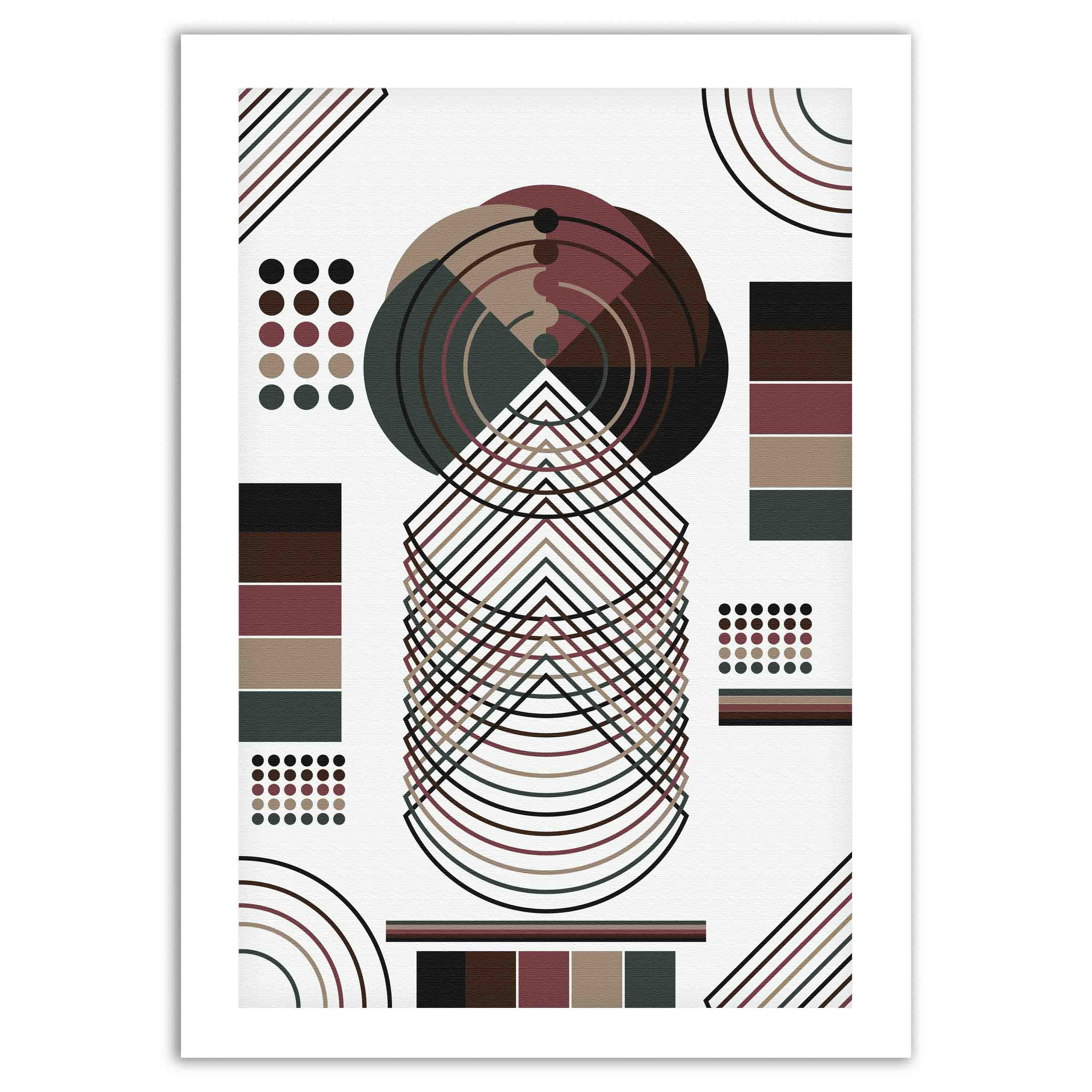 Abstract wall art with geometric shapes in brown, black, beige, and dark green, framed in white, displayed on a white background.