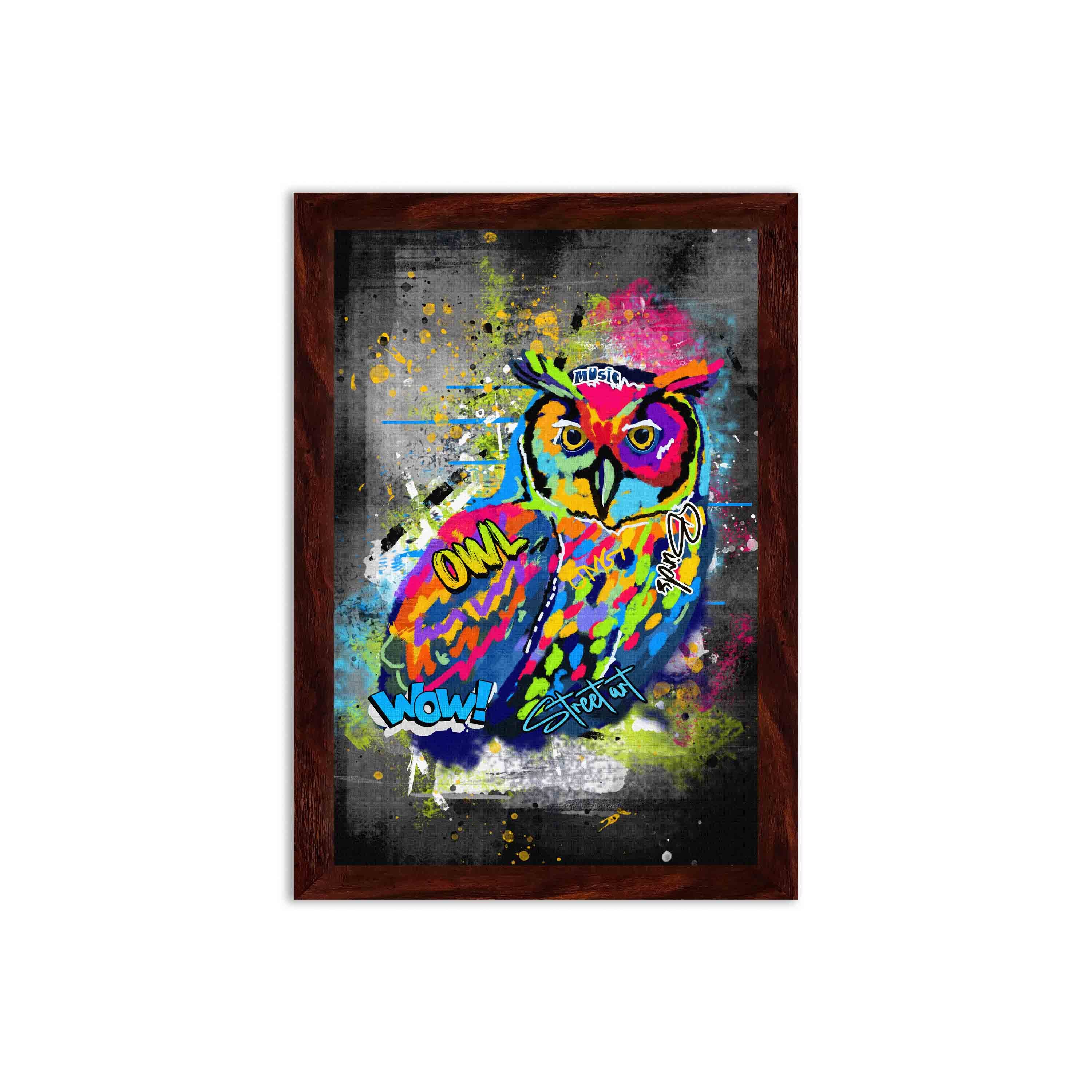 Graffiti-style wall art featuring a colorful owl with bright shades of blue, yellow, red, pink, and green on a dark, edgy background.