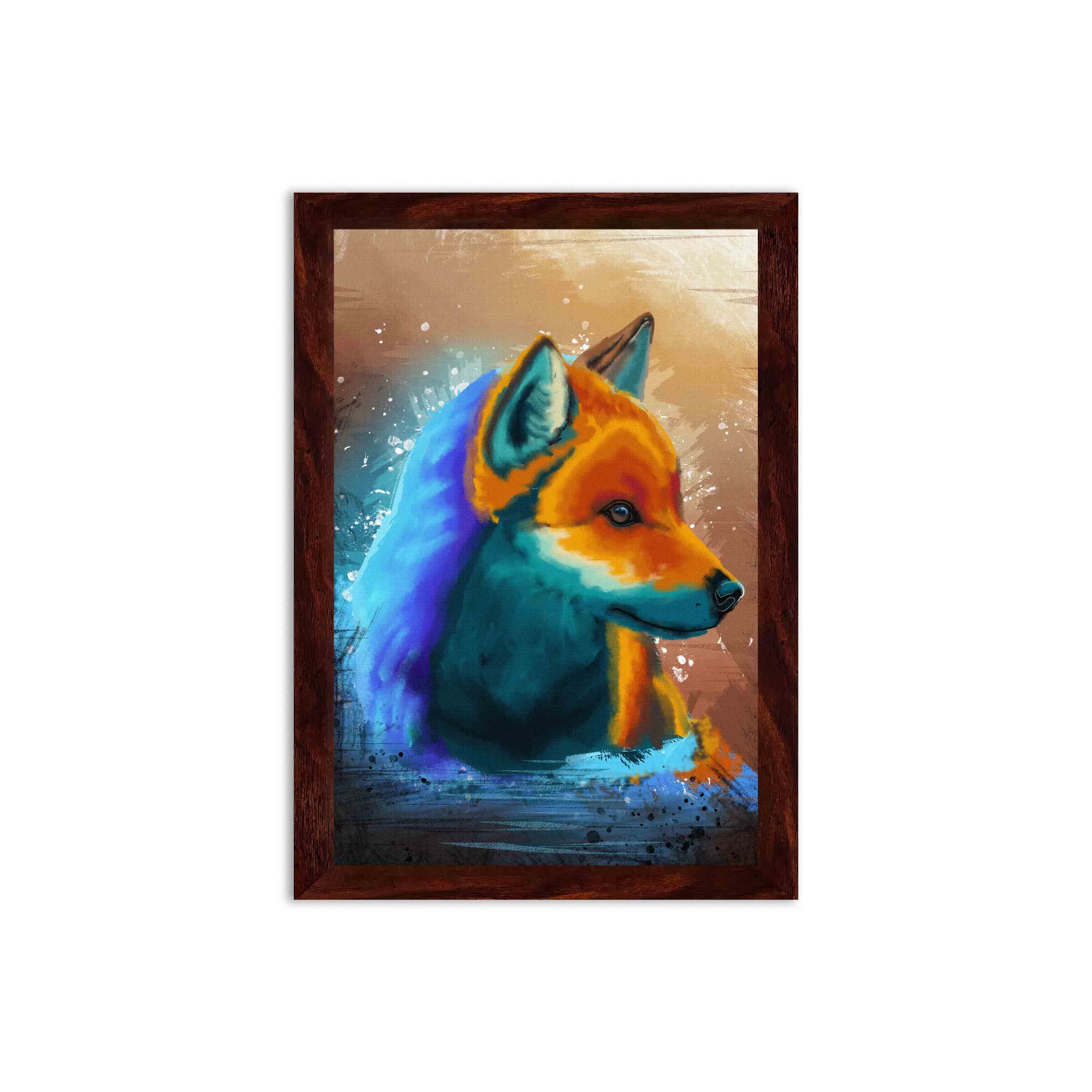 Abstract wall art featuring a colorful fox in orange, blue, and purple with a splash effect background, framed in brown for a sleek finish.