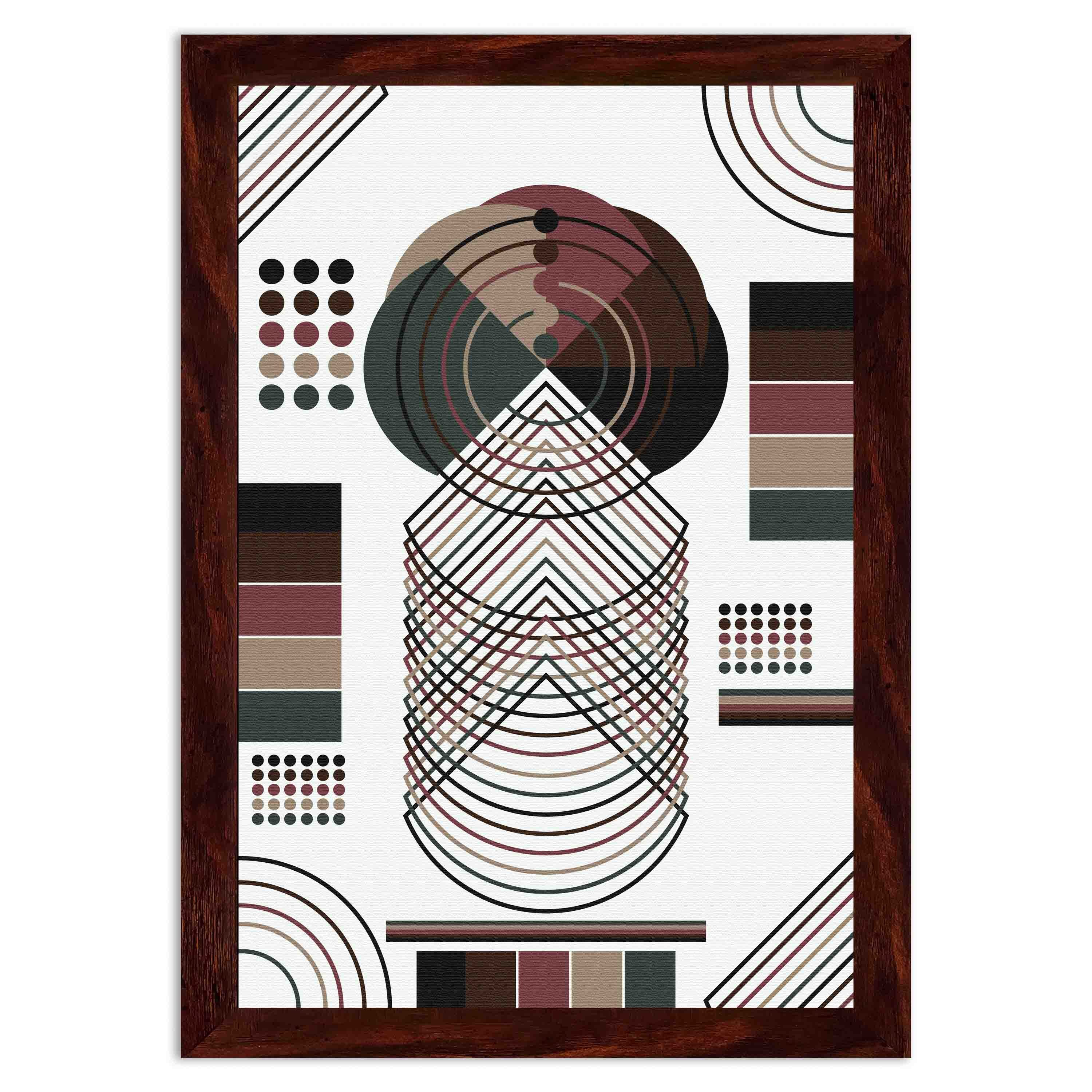 Abstract wall art with geometric shapes in brown, black, beige, and dark green, framed in brown, displayed on a white background.