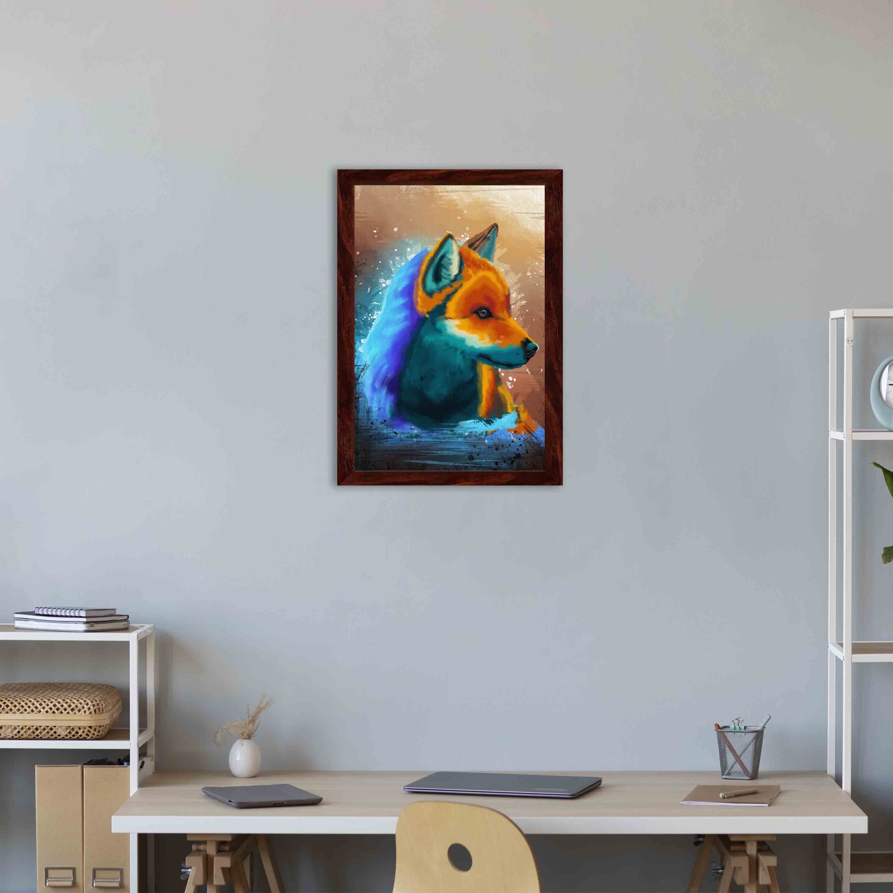 Abstract wall art featuring a colorful fox in orange, blue, and purple with a splash effect background, framed in brown for a sleek finish.