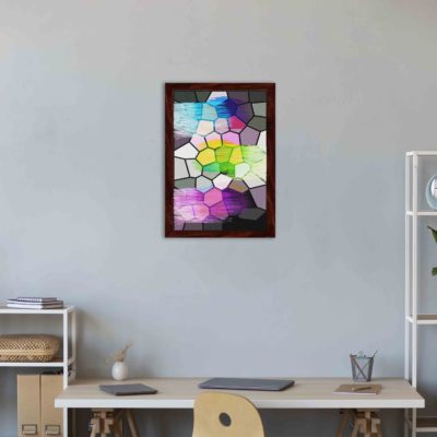 Abstract wall art with a stained glass-style mosaic design in shades of blue, purple, green, pink, yellow, and gray, framed in dark brown.