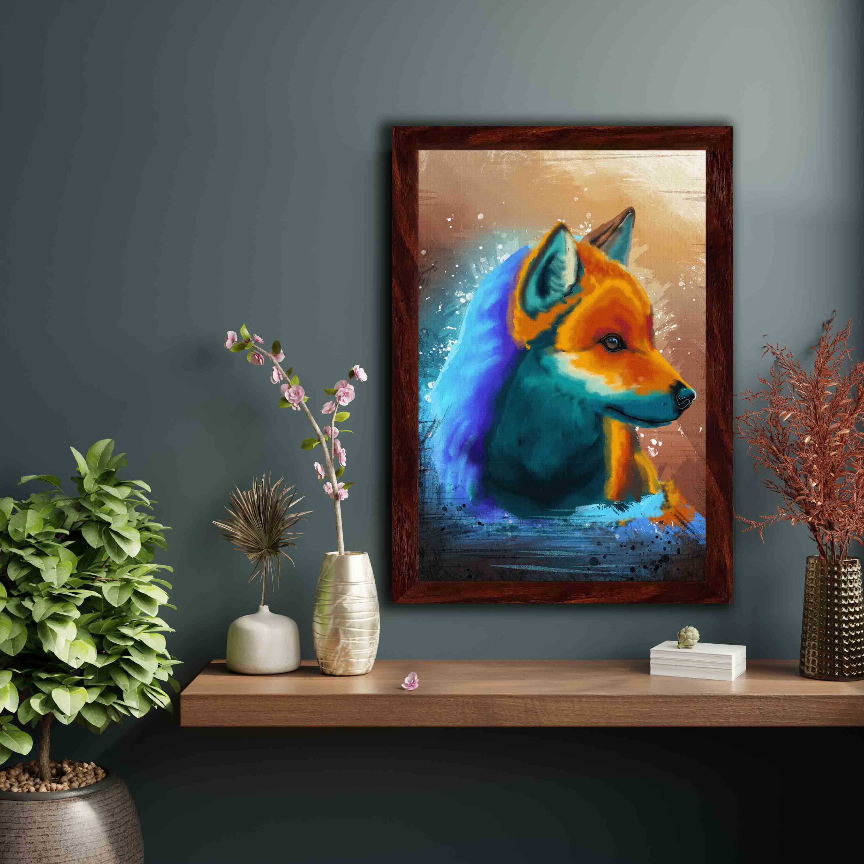 Abstract wall art featuring a colorful fox in orange, blue, and purple with a splash effect background, framed in brown for a sleek finish.