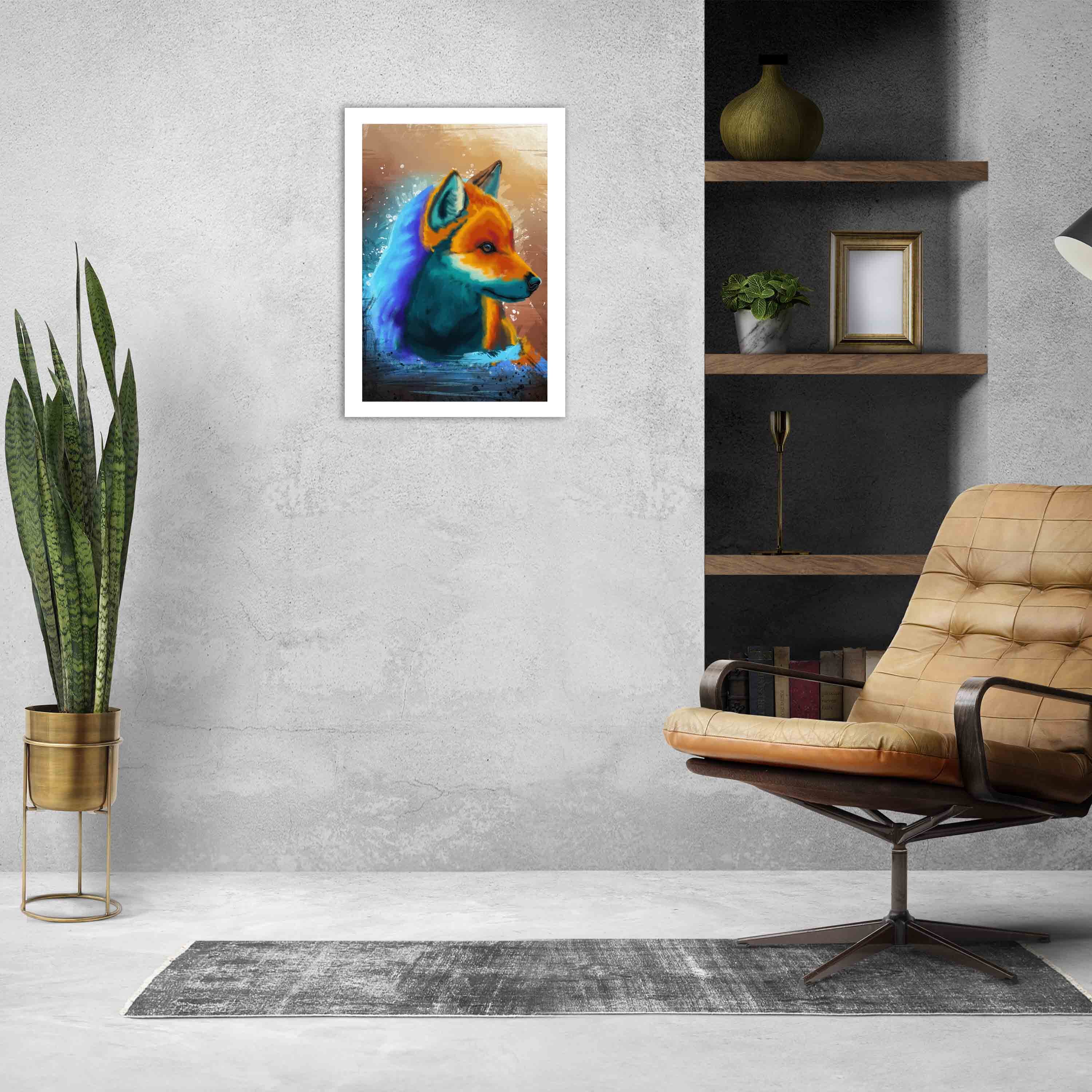 Abstract wall art featuring a colorful fox in orange, blue, and purple with a splash effect background, framed in white for a sleek finish.