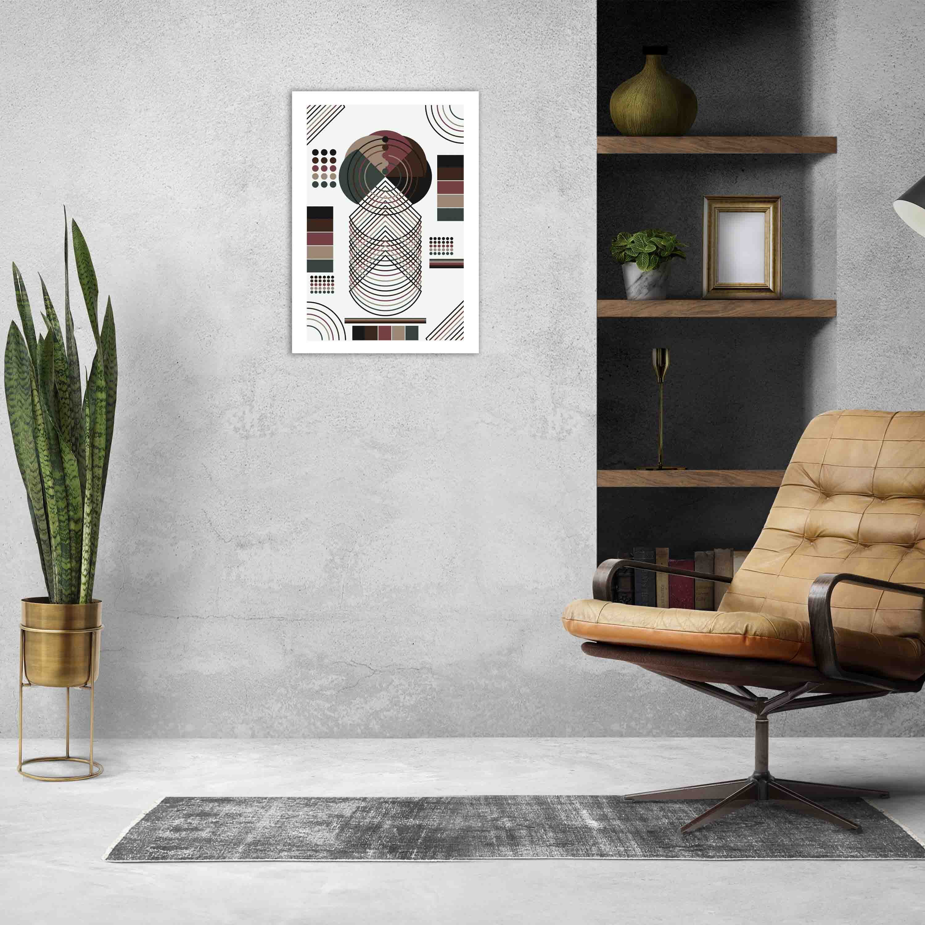 Abstract wall art with geometric shapes in brown, black, beige, and dark green, framed in white, displayed on a white background.