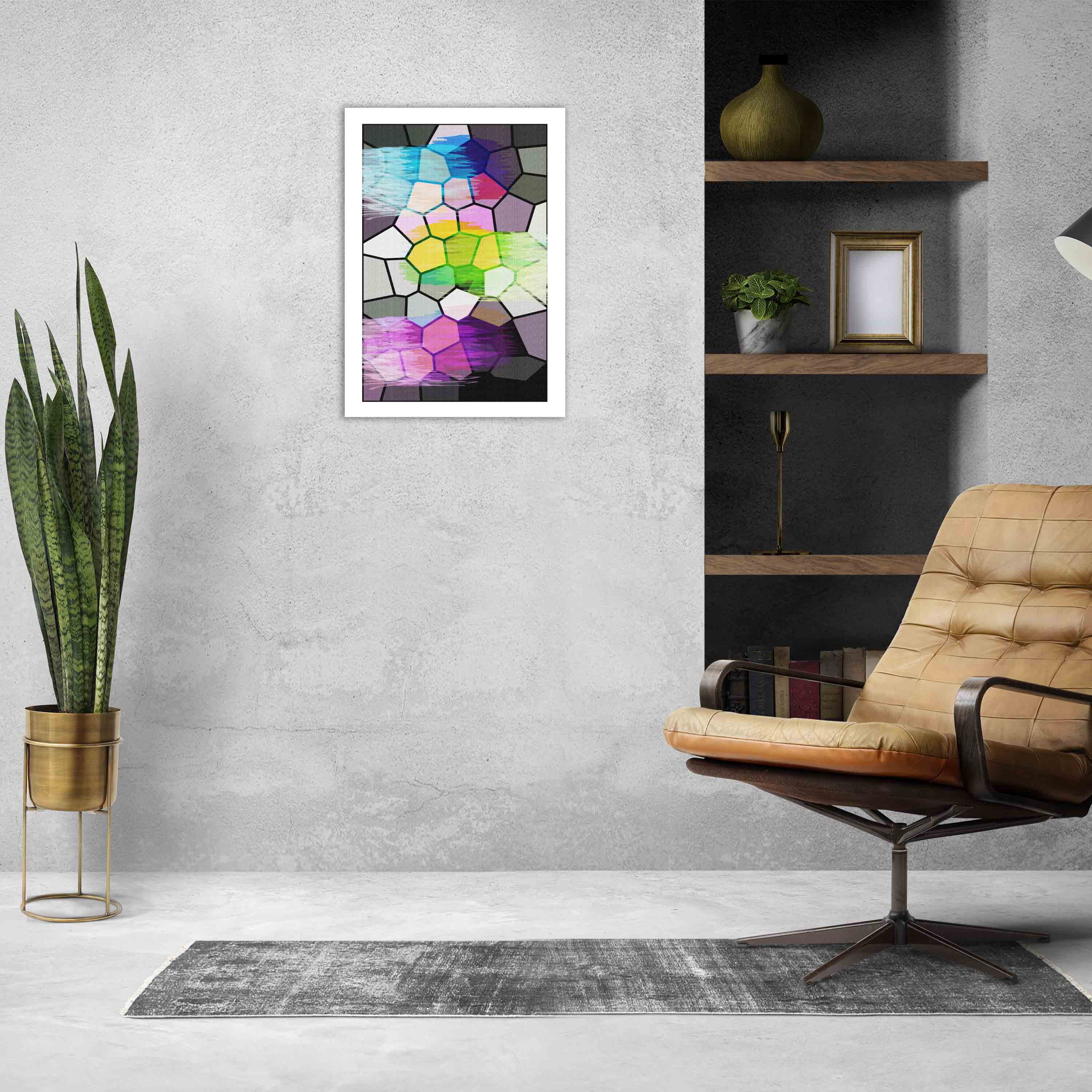 Abstract wall art with a stained glass-style mosaic design in shades of blue, purple, green, pink, yellow, and gray, framed in white.