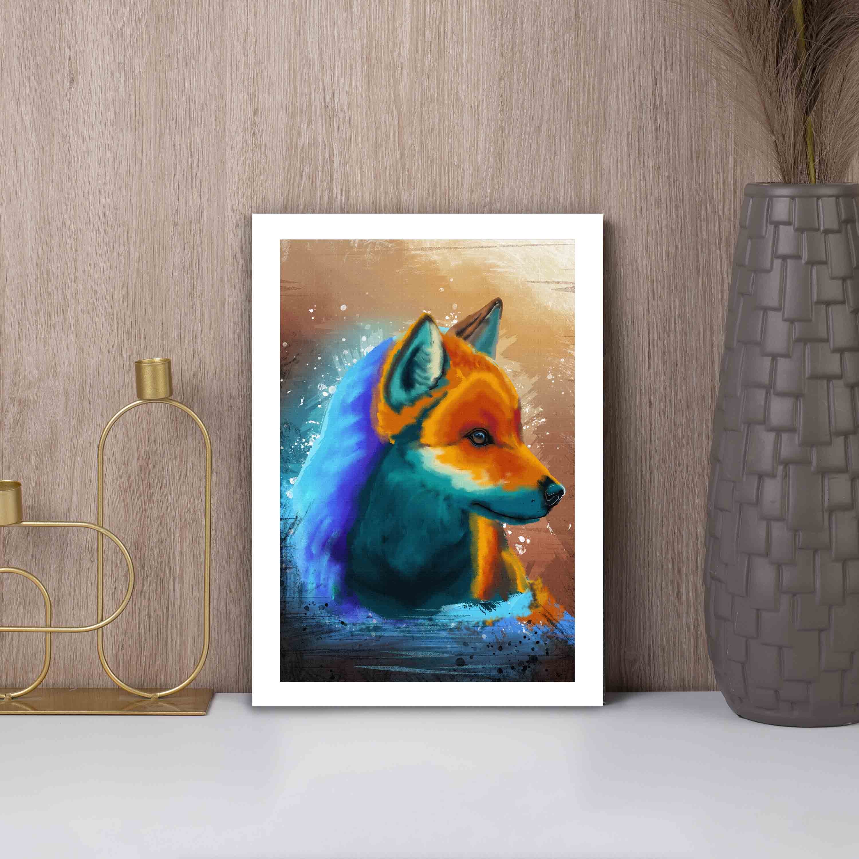 Abstract wall art featuring a colorful fox in orange, blue, and purple with a splash effect background, framed in white for a sleek finish.