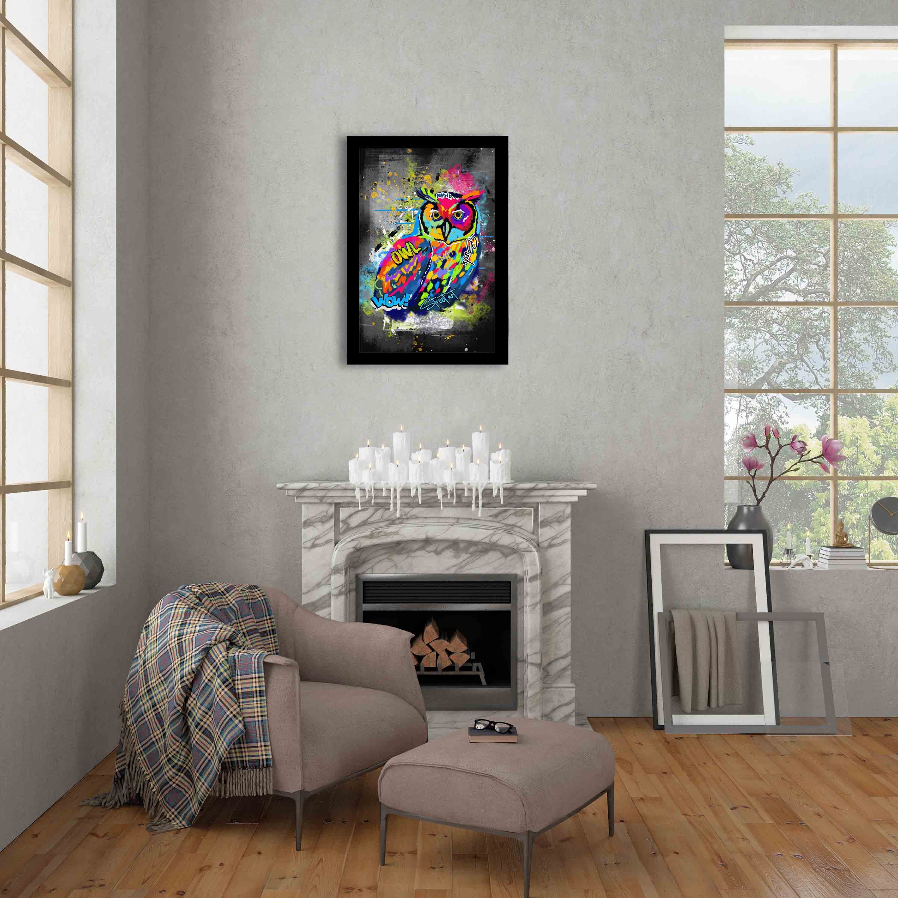 Graffiti-style wall art featuring a colorful owl with bright shades of blue, yellow, red, pink, and green on a dark, edgy background.