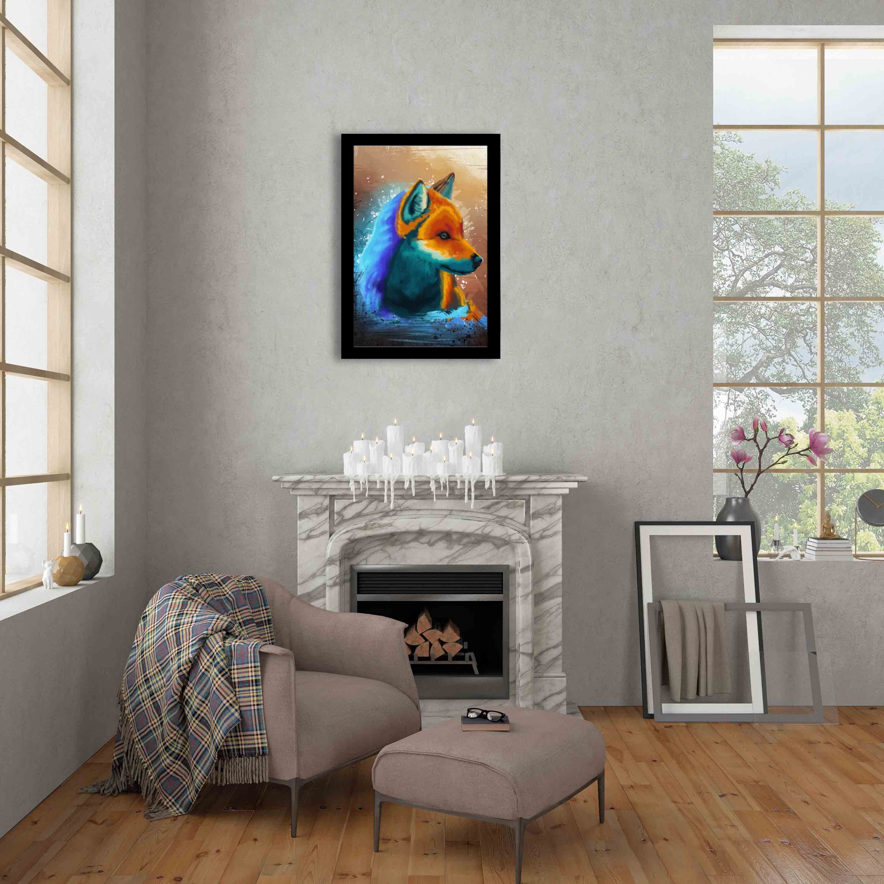 Abstract wall art featuring a colorful fox in orange, blue, and purple with a splash effect background, framed in black for a sleek finish.