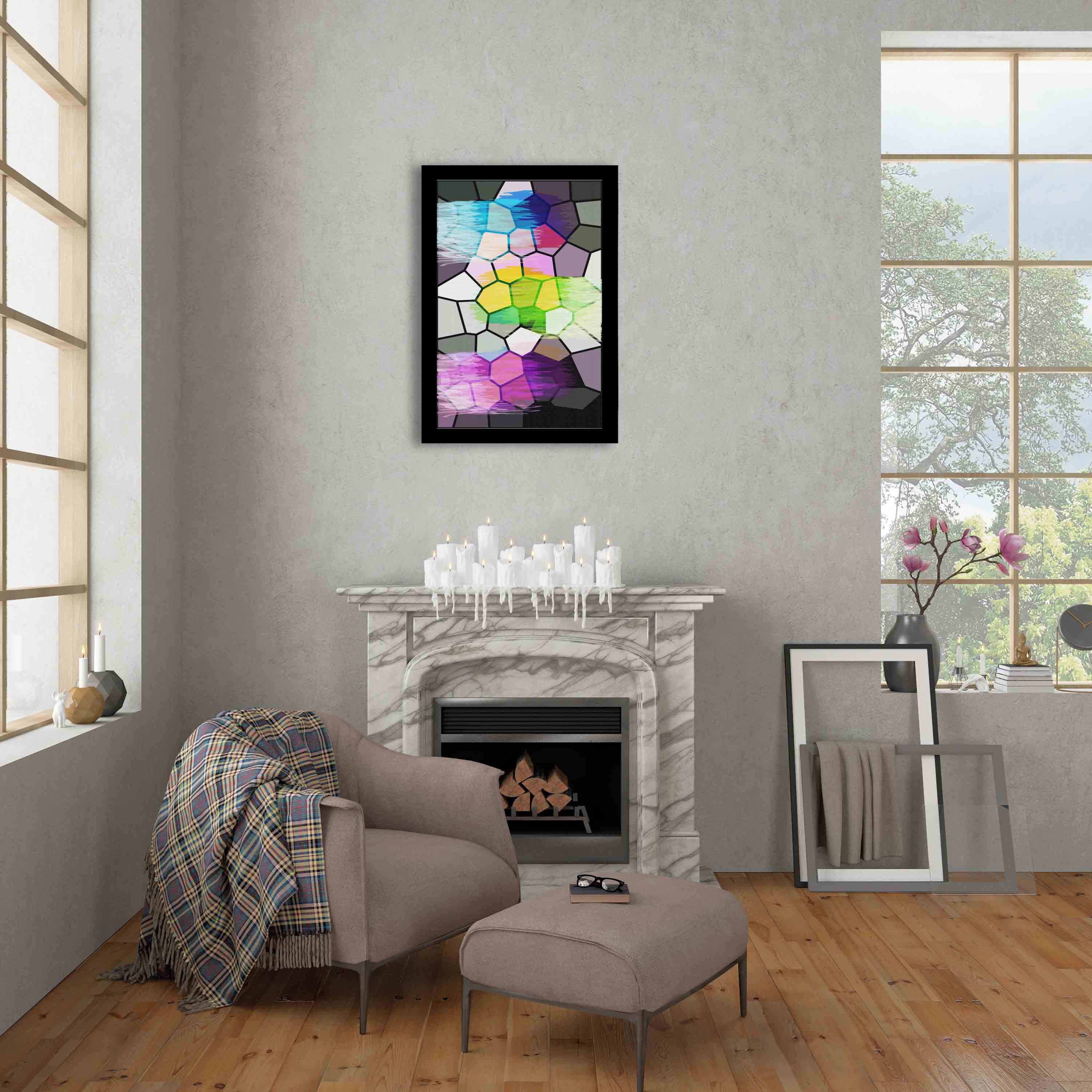 Abstract wall art with a stained glass-style mosaic design in shades of blue, purple, green, pink, yellow, and gray, framed in dark brown.