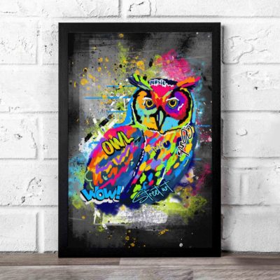 Graffiti-style wall art featuring a colorful owl with bright shades of blue, yellow, red, pink, and green on a dark, edgy background.