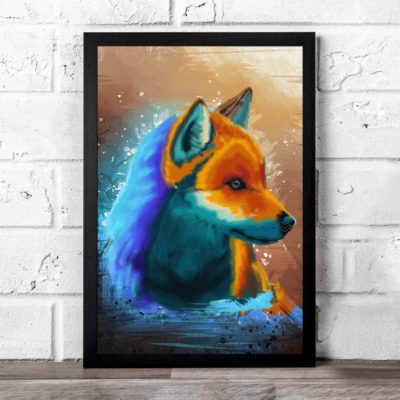 Abstract wall art featuring a colorful fox in orange, blue, and purple with a splash effect background, framed in black for a sleek finish.
