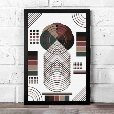 Abstract wall art with geometric shapes in brown, black, beige, and dark green, framed in black, displayed on a white background.