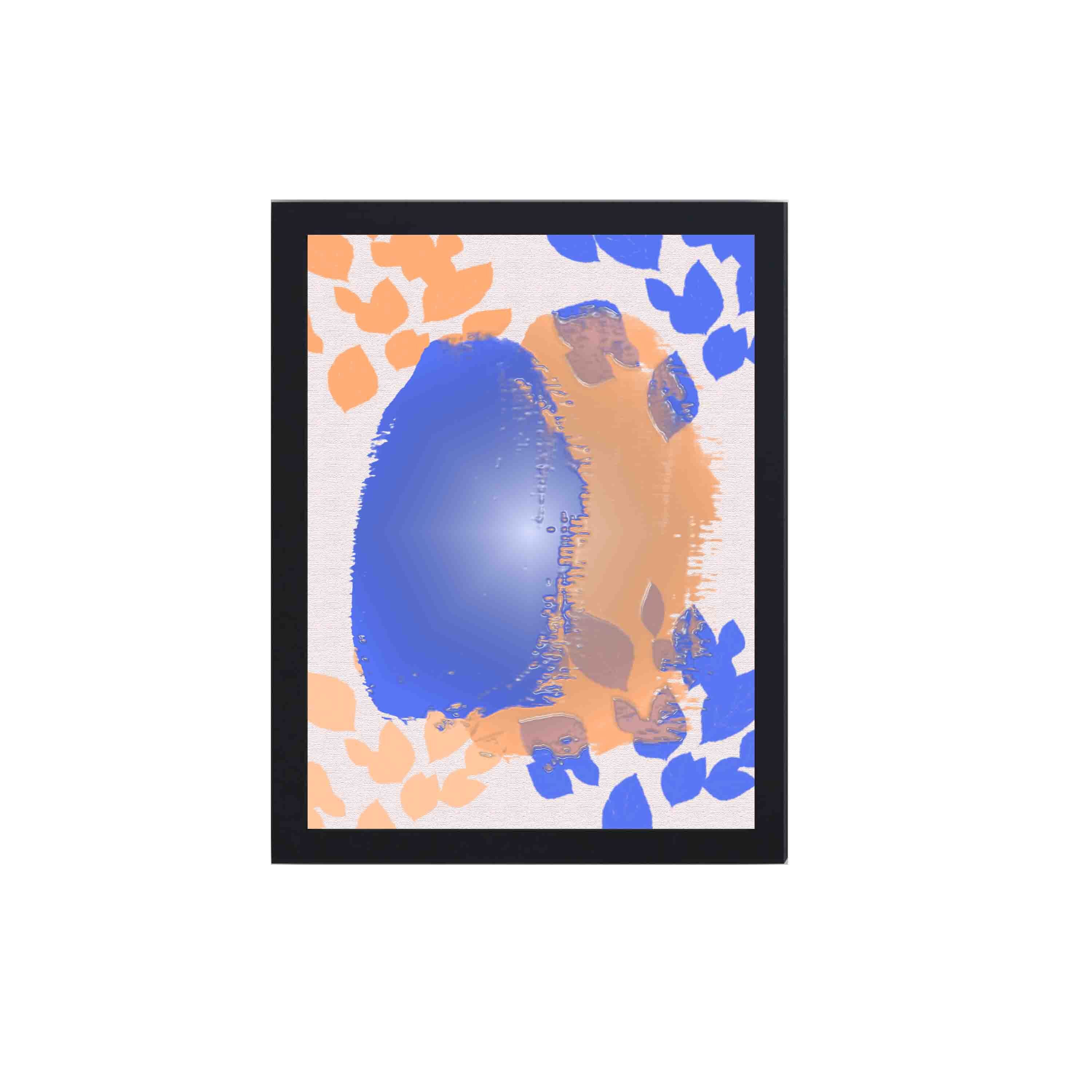 Abstract wall art with a large blue shape and orange brushstroke-like patterns on a white background, creating a bold and modern look.