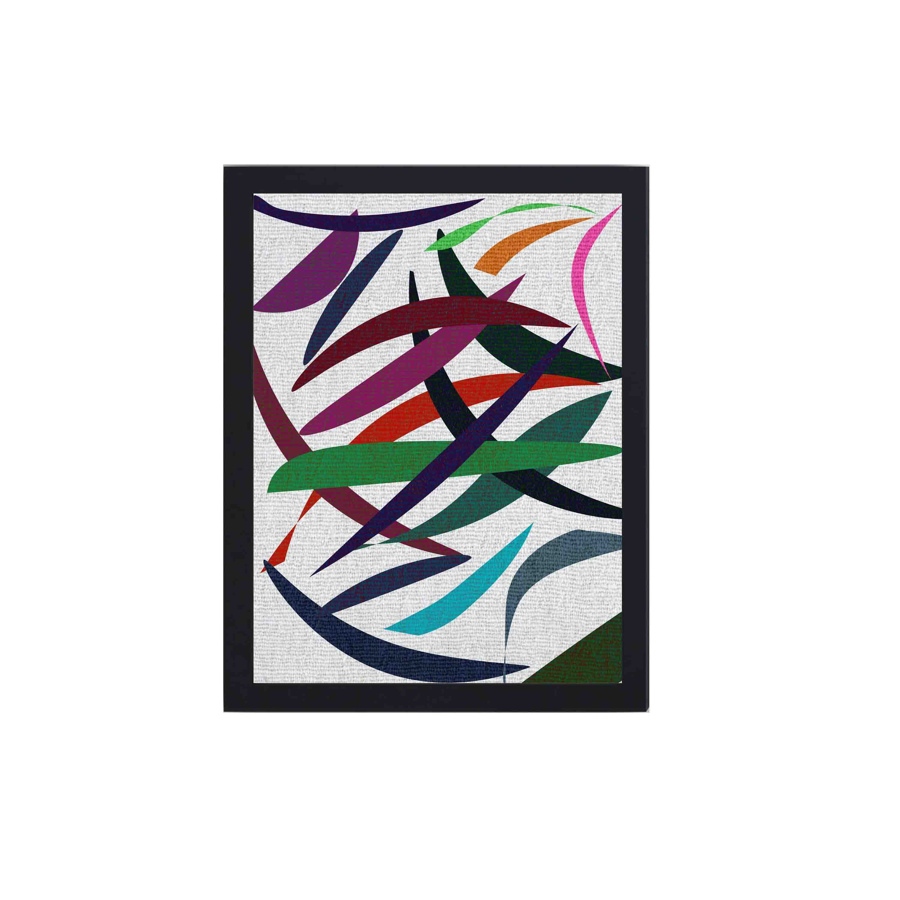 Abstract wall art with overlapping red, green, blue, purple, and pink shapes on a textured white background, framed in dark black wood.