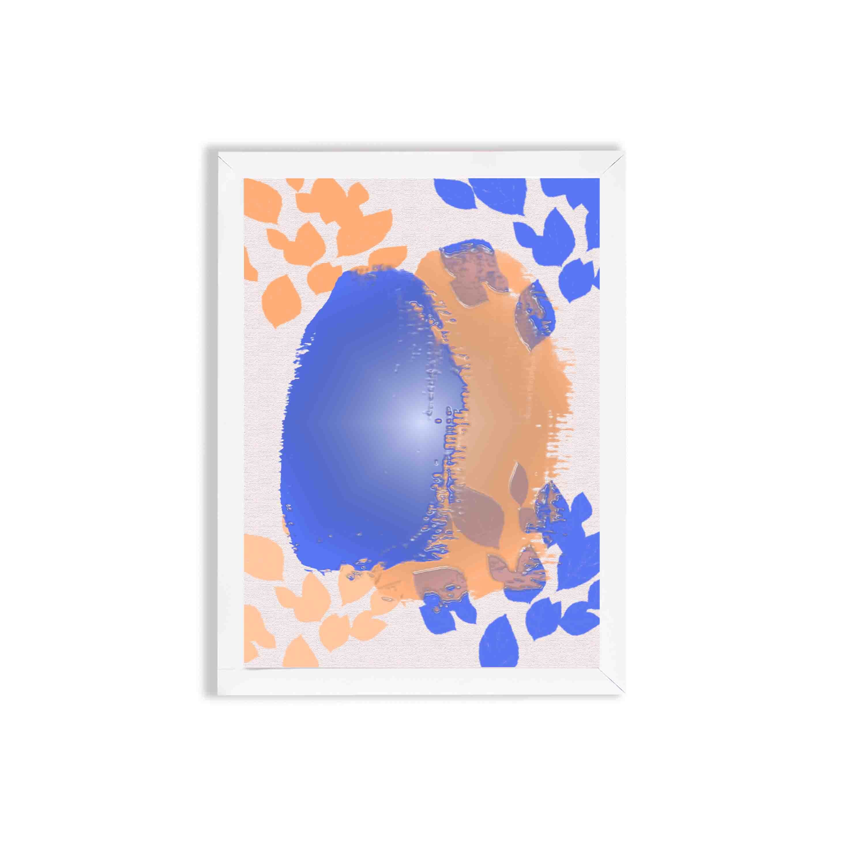 Abstract wall art with a large blue shape and orange brushstroke-like patterns on a white background, creating a bold and modern look.