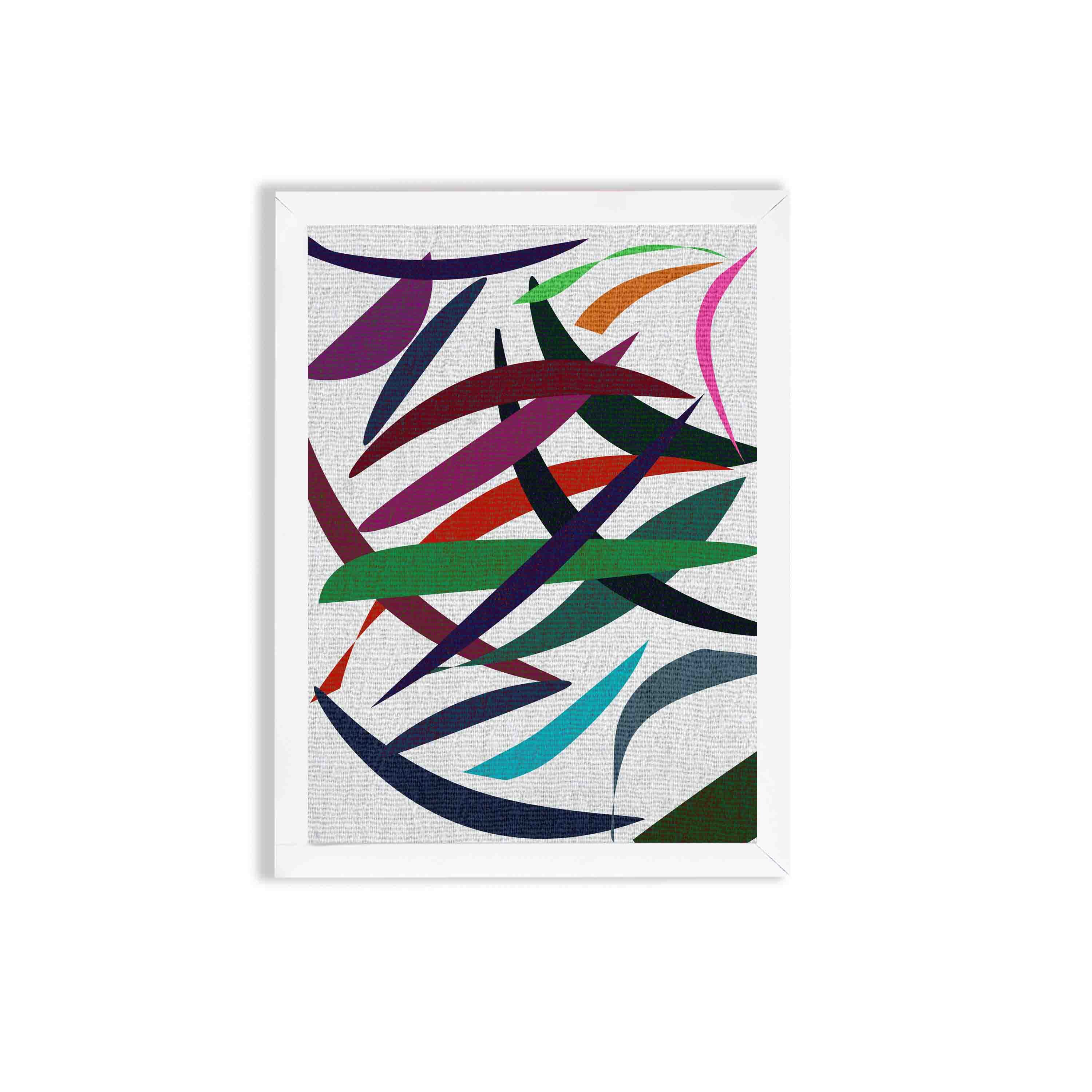 Abstract wall art with overlapping red, green, blue, purple, and pink shapes on a textured white background, framed in white wood.