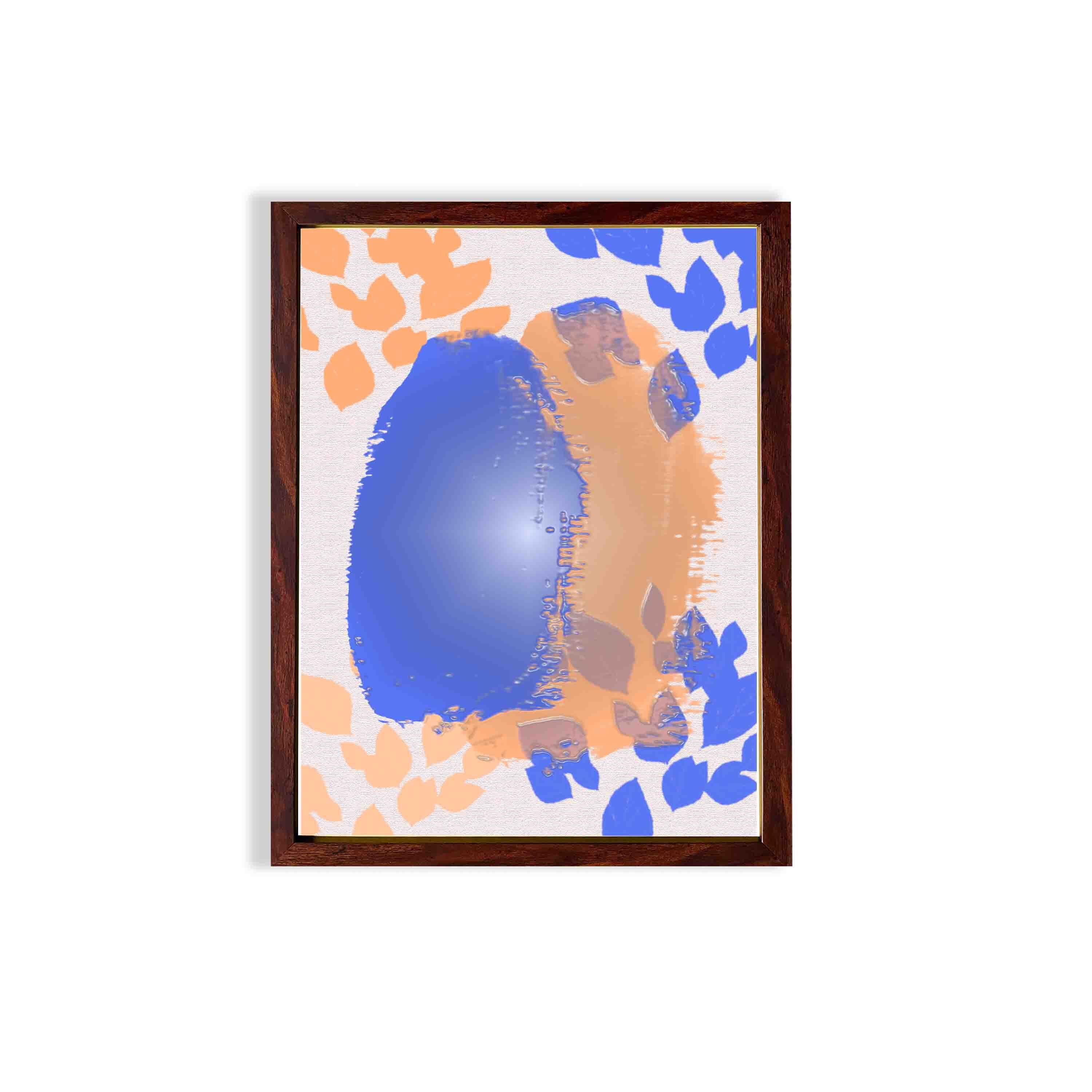 Abstract wall art with a large blue shape and orange brushstroke-like patterns on a white background, creating a bold and modern look.
