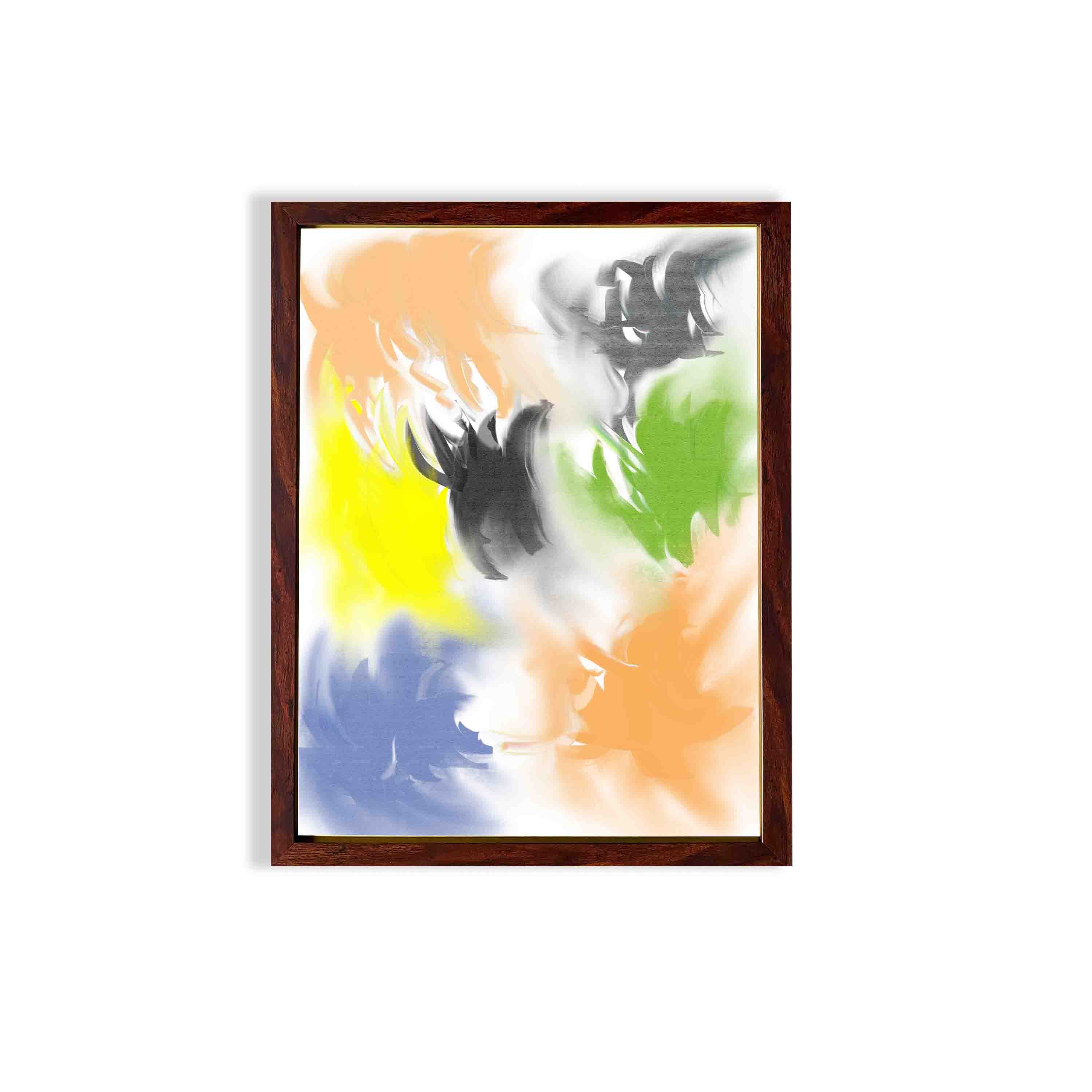 Abstract wall art with a watercolor-style design in shades of orange, yellow, green, blue, and gray, framed in a dark brown wooden frame.