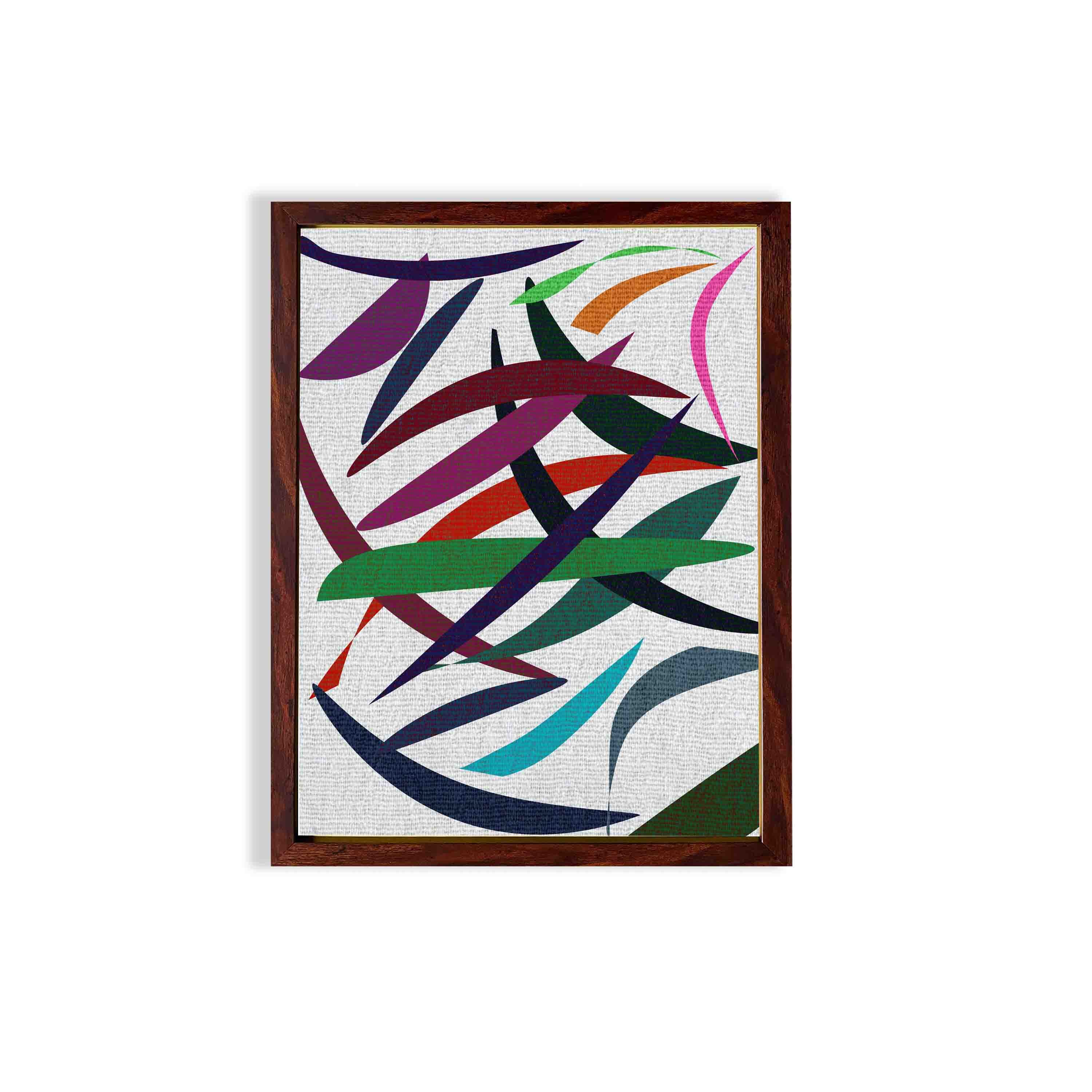 Abstract wall art with overlapping red, green, blue, purple, and pink shapes on a textured white background, framed in dark brown wood.