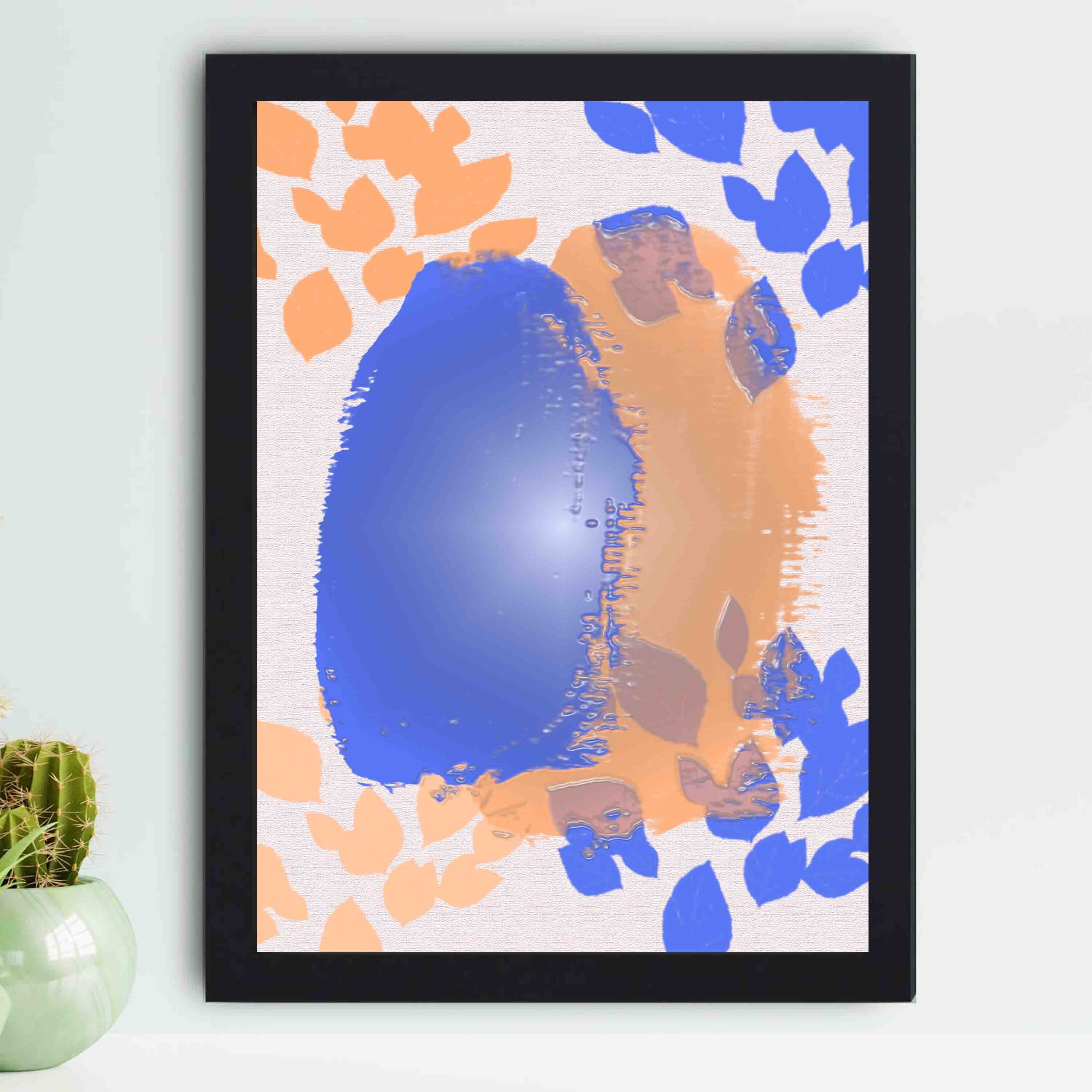 Abstract wall art with a large blue shape and orange brushstroke-like patterns on a white background, creating a bold and modern look.