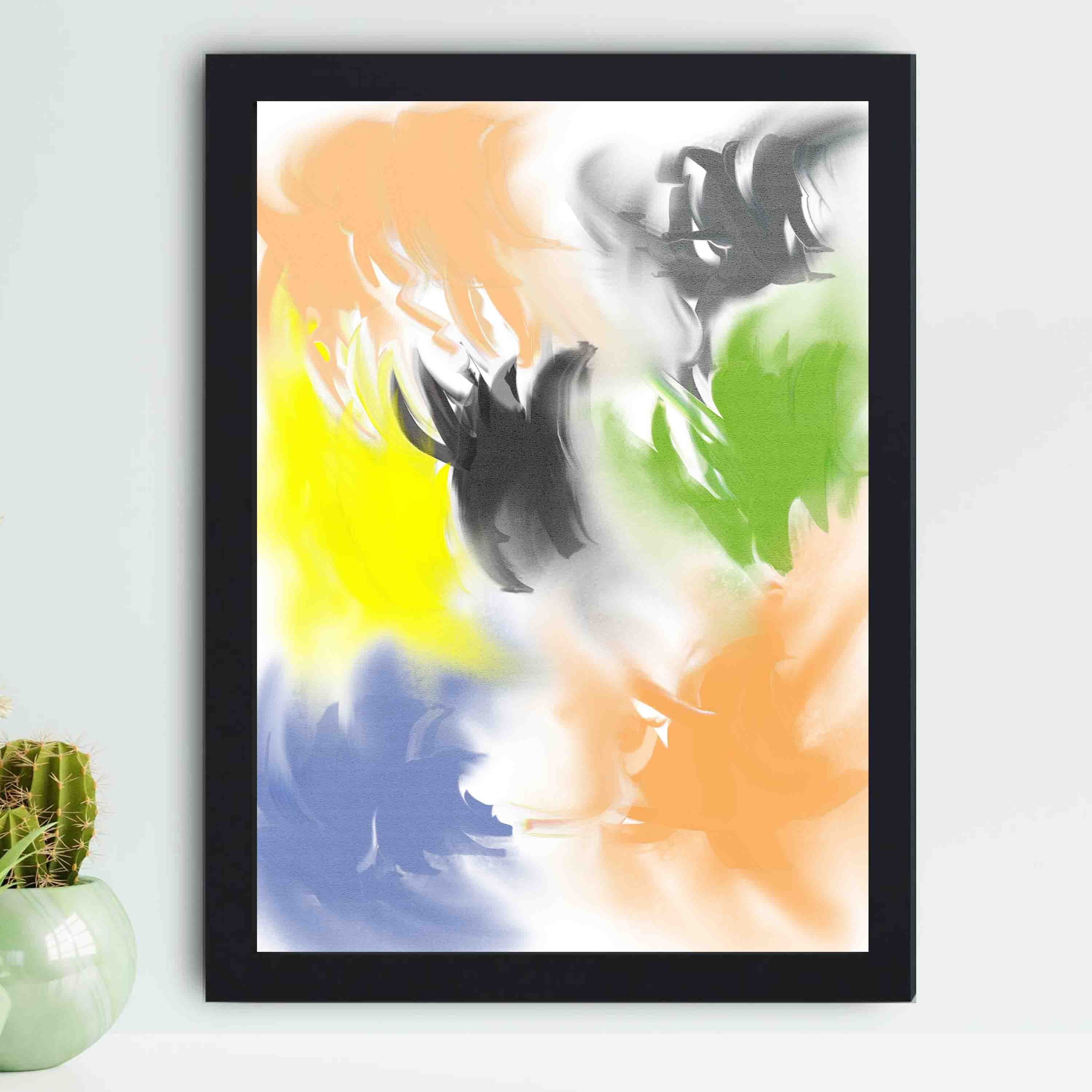 Abstract wall art with a watercolor-style design in shades of orange, yellow, green, blue, and gray, framed in a dark black wooden frame.