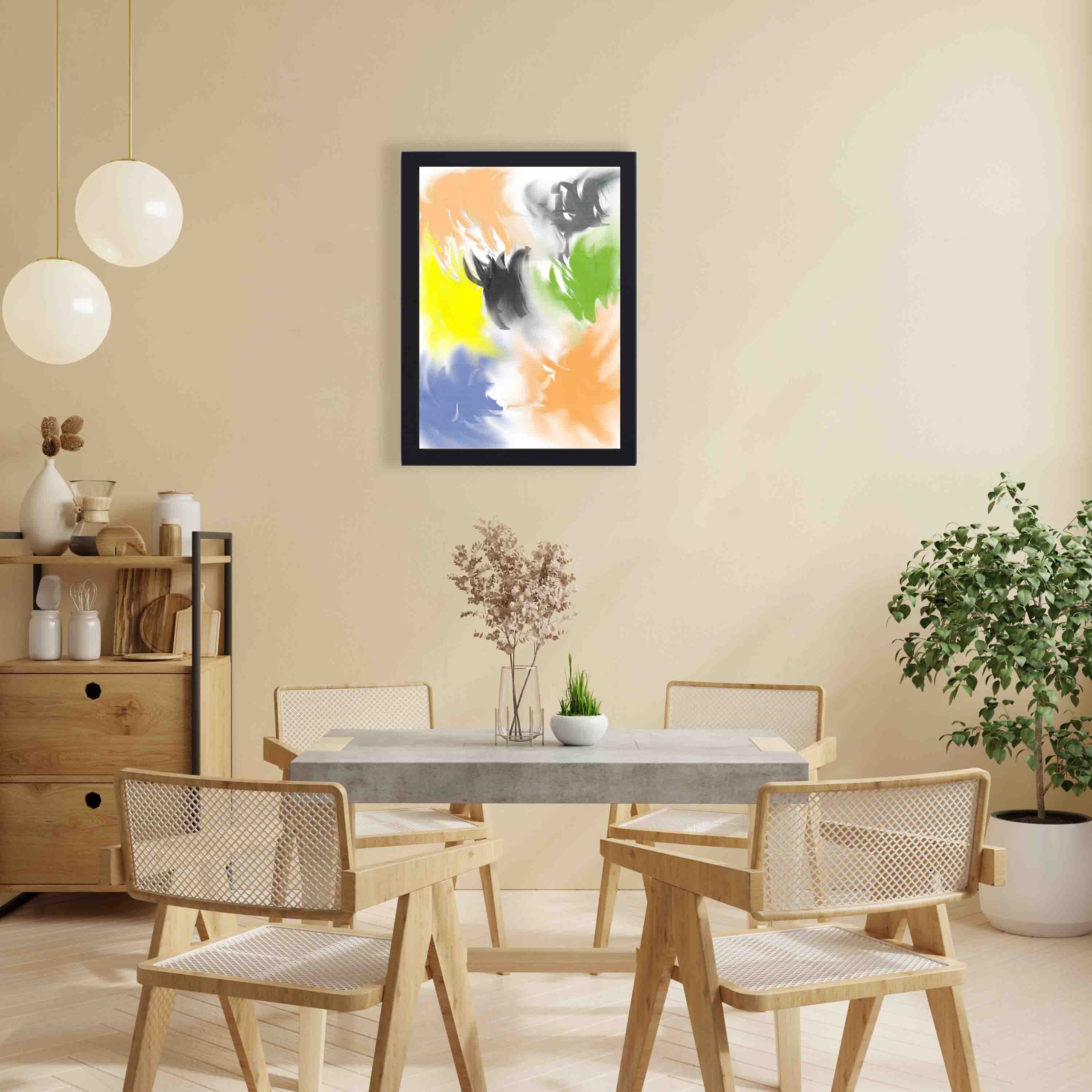 Abstract wall art with a watercolor-style design in shades of orange, yellow, green, blue, and gray, framed in a dark black wooden frame.