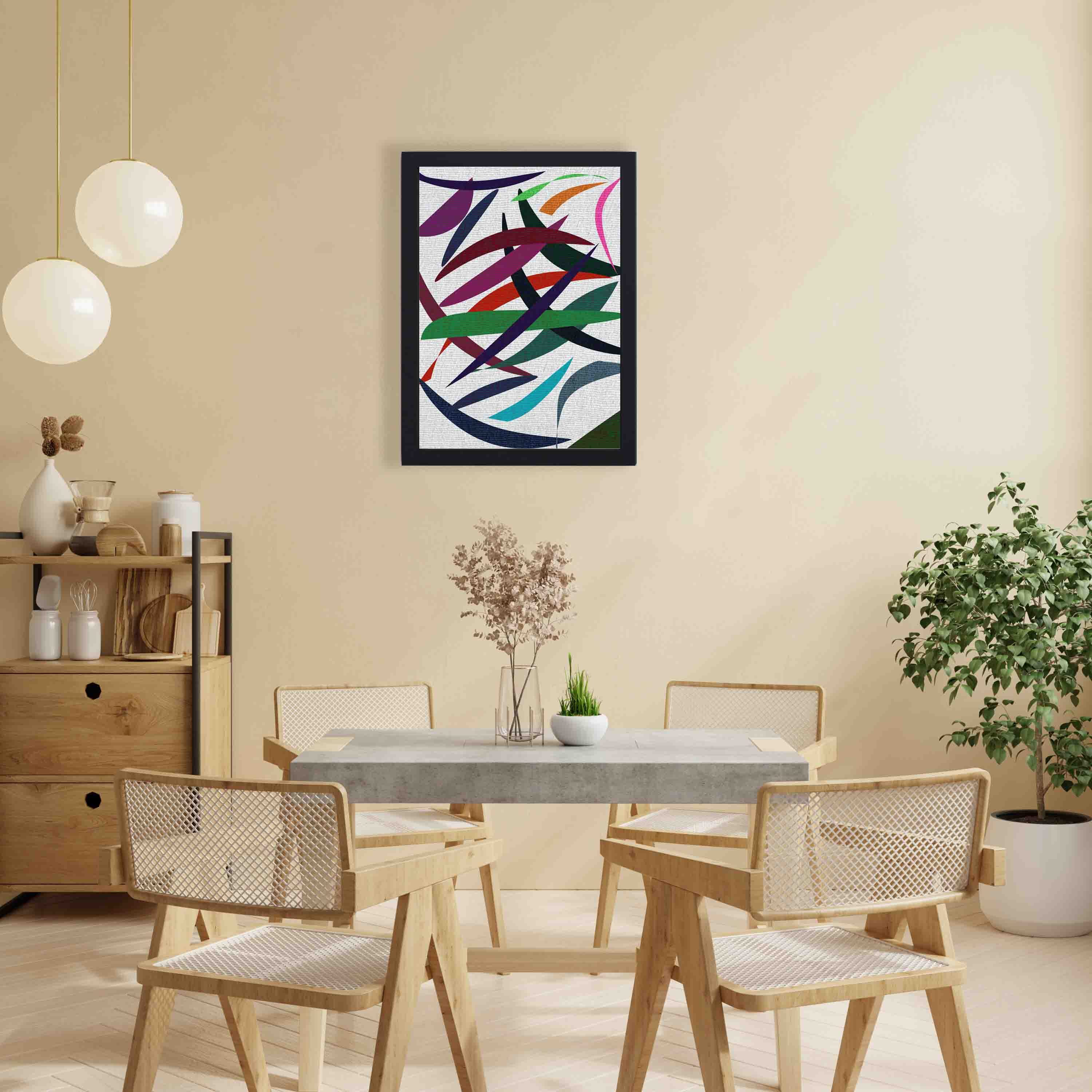 Abstract wall art with overlapping red, green, blue, purple, and pink shapes on a textured white background, framed in black wood.