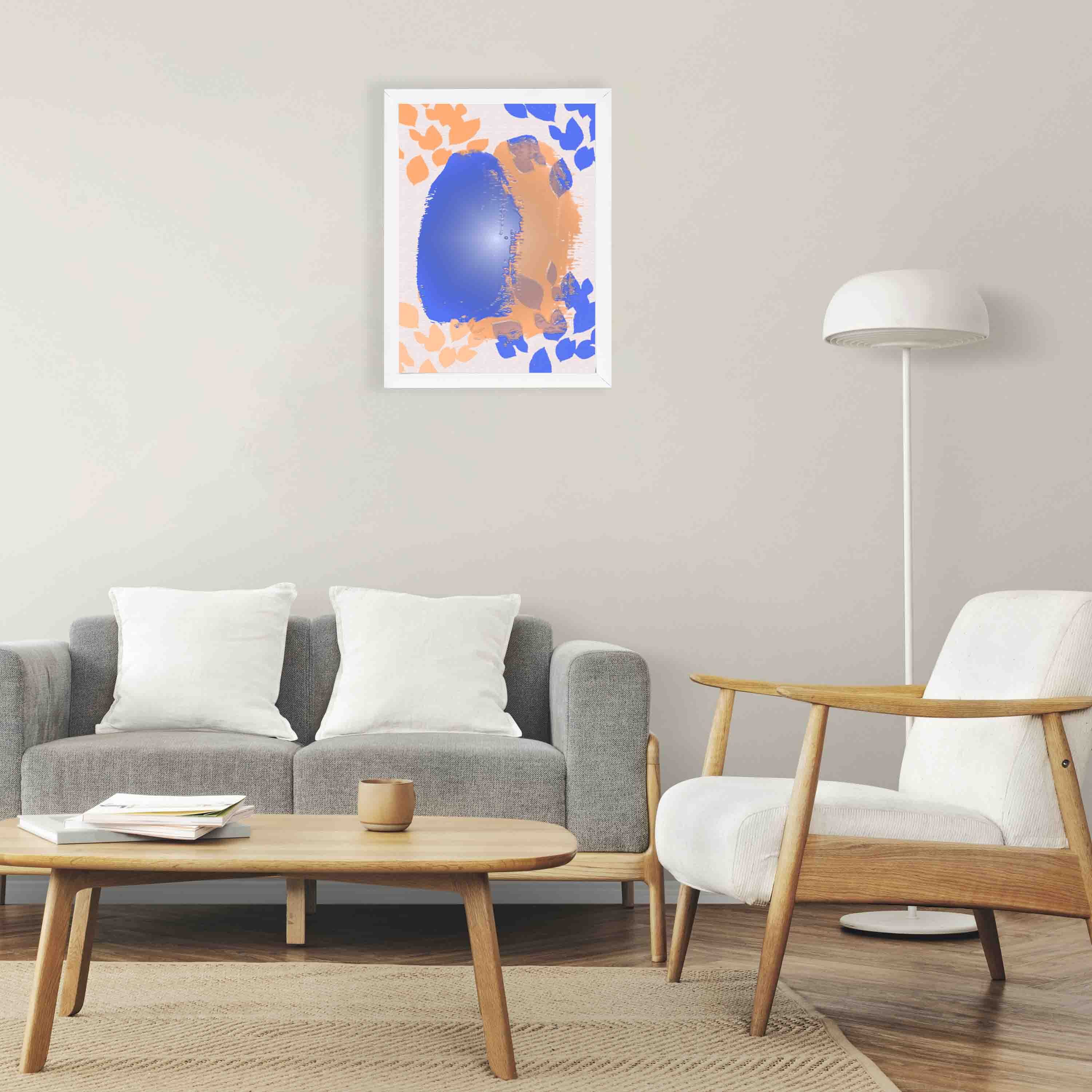 Abstract wall art with a large blue shape and orange brushstroke-like patterns on a white background, creating a bold and modern look.