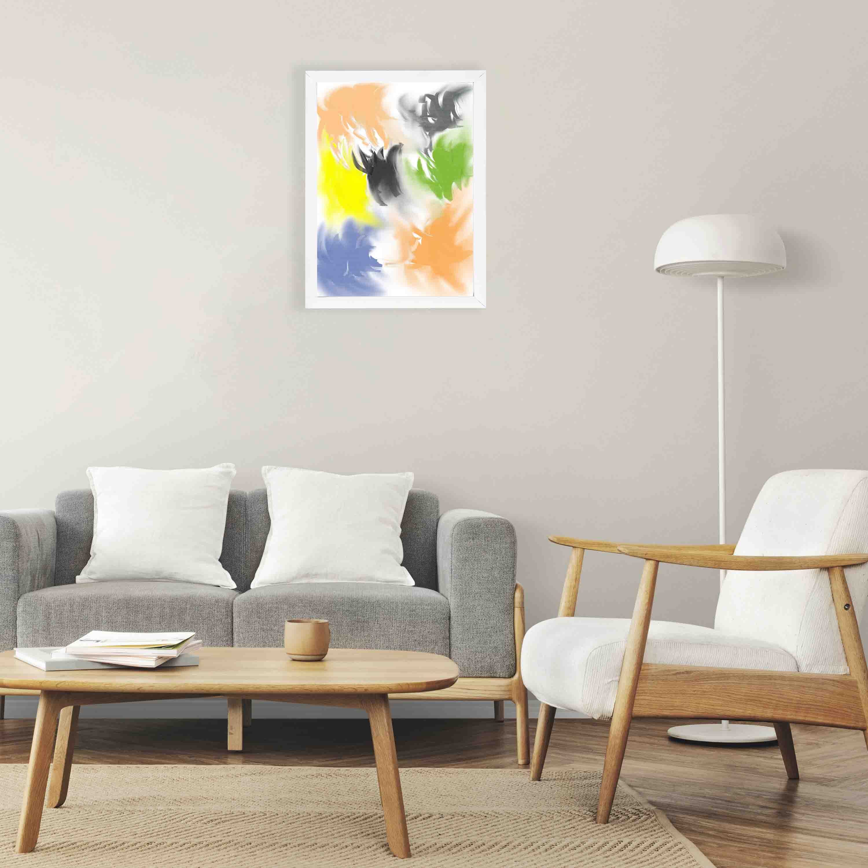 Abstract wall art with a watercolor-style design in shades of orange, yellow, green, blue, and gray, framed in a white wooden frame.