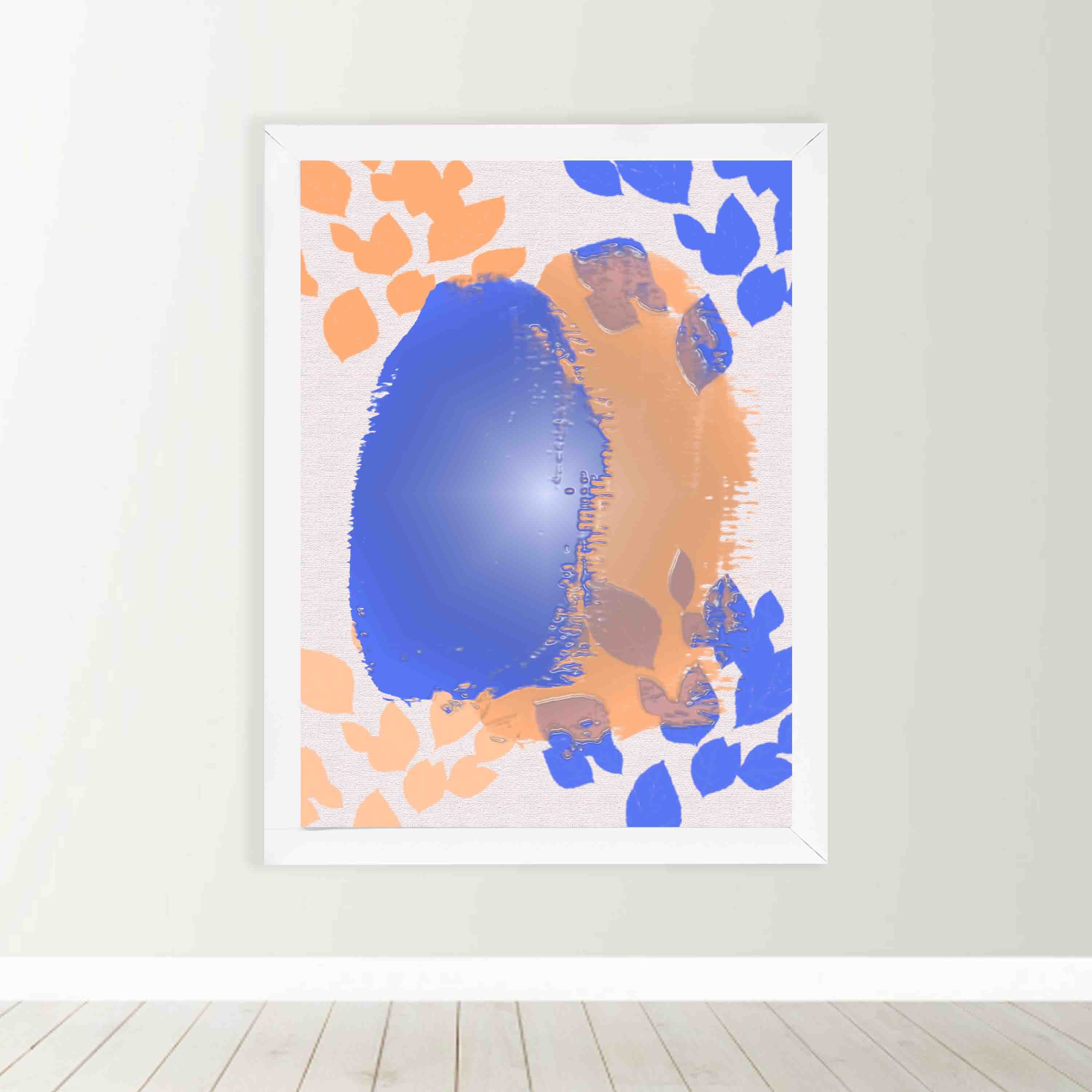 Abstract wall art with a large blue shape and orange brushstroke-like patterns on a white background, creating a bold and modern look.