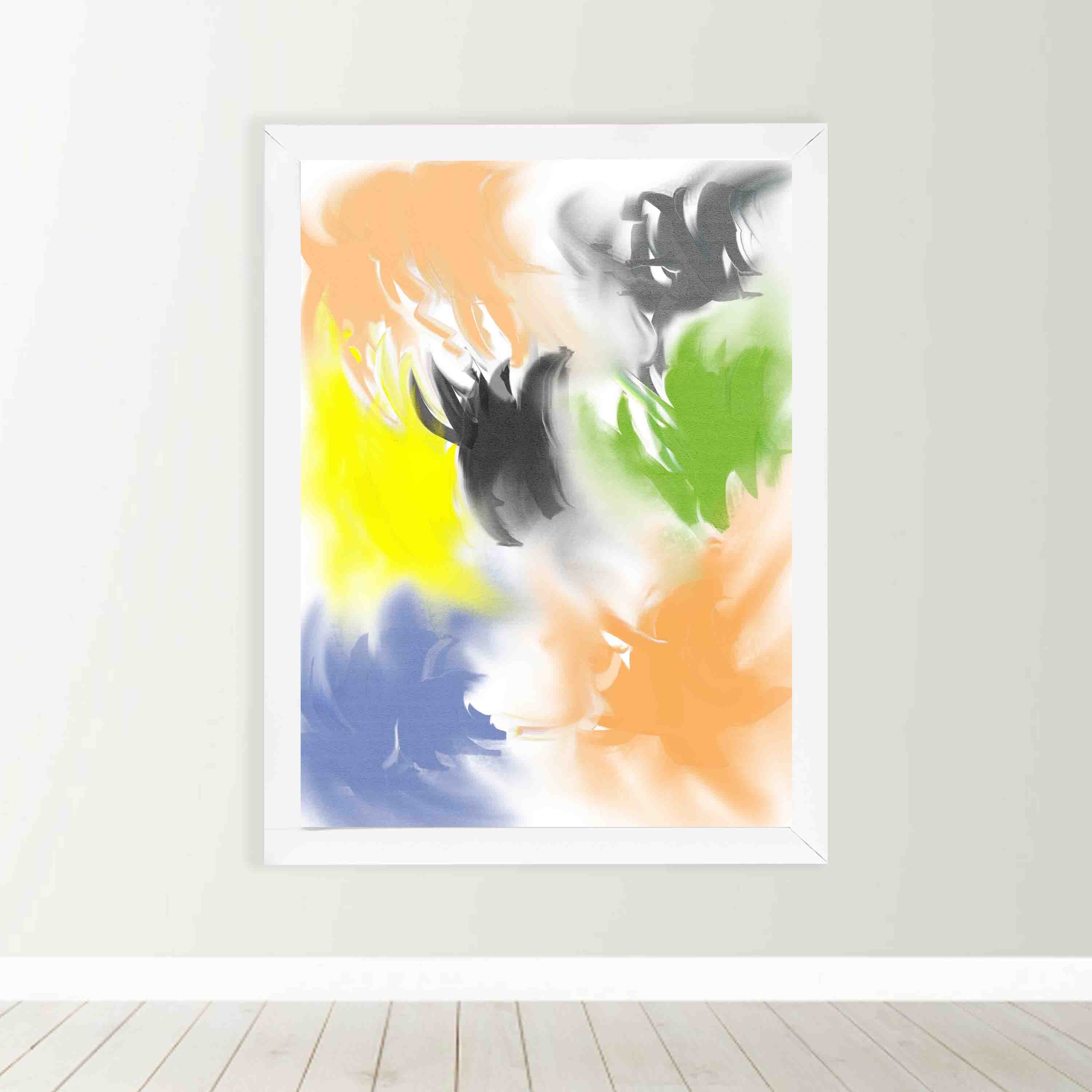Abstract wall art with a watercolor-style design in shades of orange, yellow, green, blue, and gray, framed in a white wooden frame.