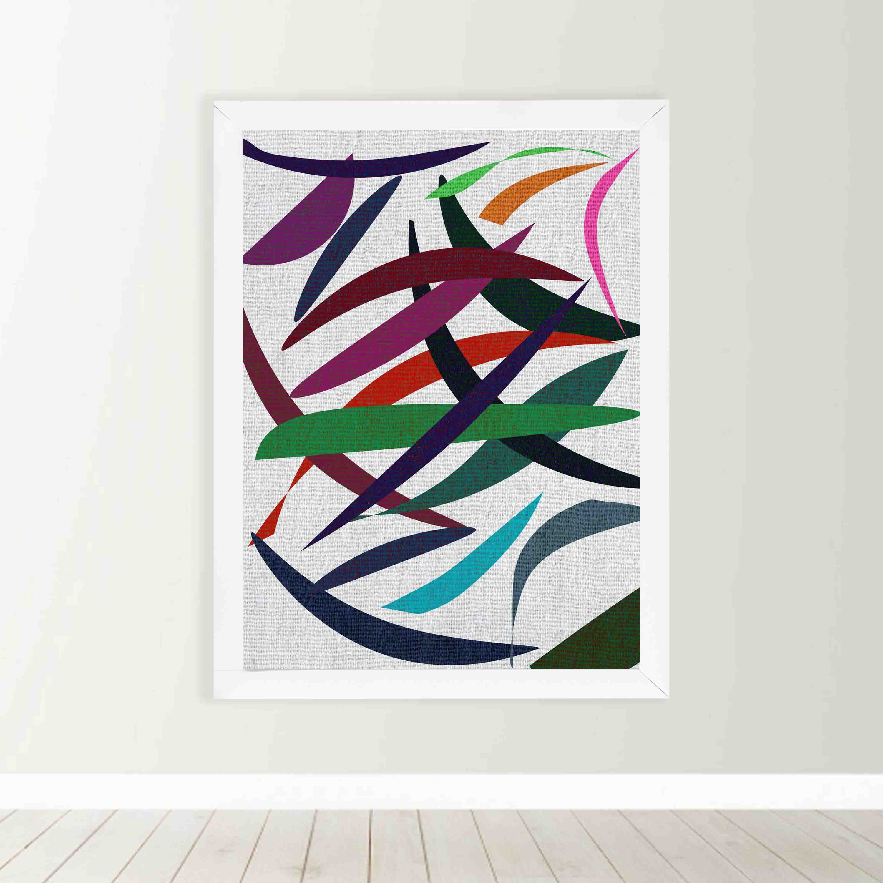 Abstract wall art with overlapping red, green, blue, purple, and pink shapes on a textured white background, framed in white wood.