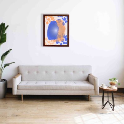 Abstract wall art with a large blue shape and orange brushstroke-like patterns on a white background, creating a bold and modern look.