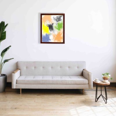 Abstract wall art with a watercolor-style design in shades of orange, yellow, green, blue, and gray, framed in a dark brown wooden frame.