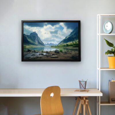 Scenic wall art of mountains, a flowing river, and a cloudy sky in shades of blue, green, and earthy brown, set against a light gray wall.