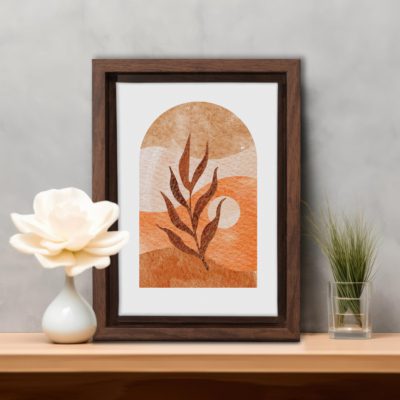 Boho Art - Sun With Plants Boho Style Floating Canvas Minimalist Wall Art With Brown and Orange Colors - Art Model No - Single Frame - bohoart-1f-12-a