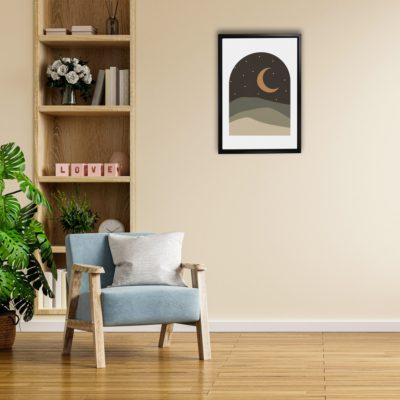 Boho Art - Moon With Mountains Boho Style Floating Canvas Minimalist Wall Art With Brown and Beige Colors - Art Model No - Single Frame - bohoart-1f-18-b