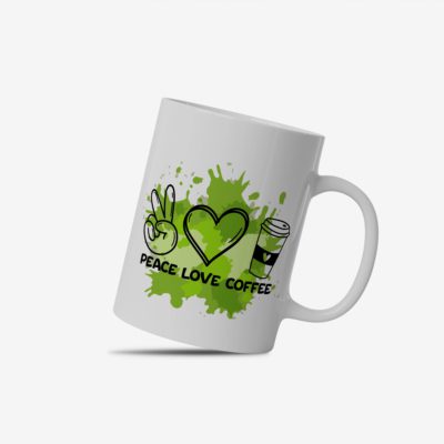 White coffee mug with "Peace Love Coffee" in black text, featuring a peace hand sign, heart, and coffee cup over a green paint splash background.