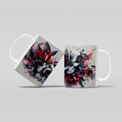 White coffee mug with a red and blue floral design, black and white accents, and a light gray background. The handle is white for a classic touch.
