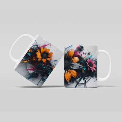 Two white coffee mugs with a modern floral design featuring bright orange and blue flowers, dark brush strokes, and a gray and white background.