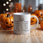 White coffee mug with "I Am" and Bible verses in black text, arranged in two columns with a floral element. A microwave-friendly espresso cup for faith and inspiration.