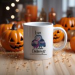 White coffee mug with "Love Owlways" in a handwritten style, featuring three adorable owls in shades of blue and purple. A microwave-friendly espresso cup.