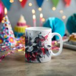 White coffee mug with a red and blue floral design, black and white accents, and a light gray background. The handle is white for a classic touch.