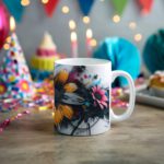 Two white coffee mugs with a modern floral design featuring bright orange and blue flowers, dark brush strokes, and a gray and white background.