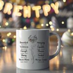 White coffee mug with "I Am" and Bible verses in black text, arranged in two columns with a floral element. A microwave-friendly espresso cup for faith and inspiration.